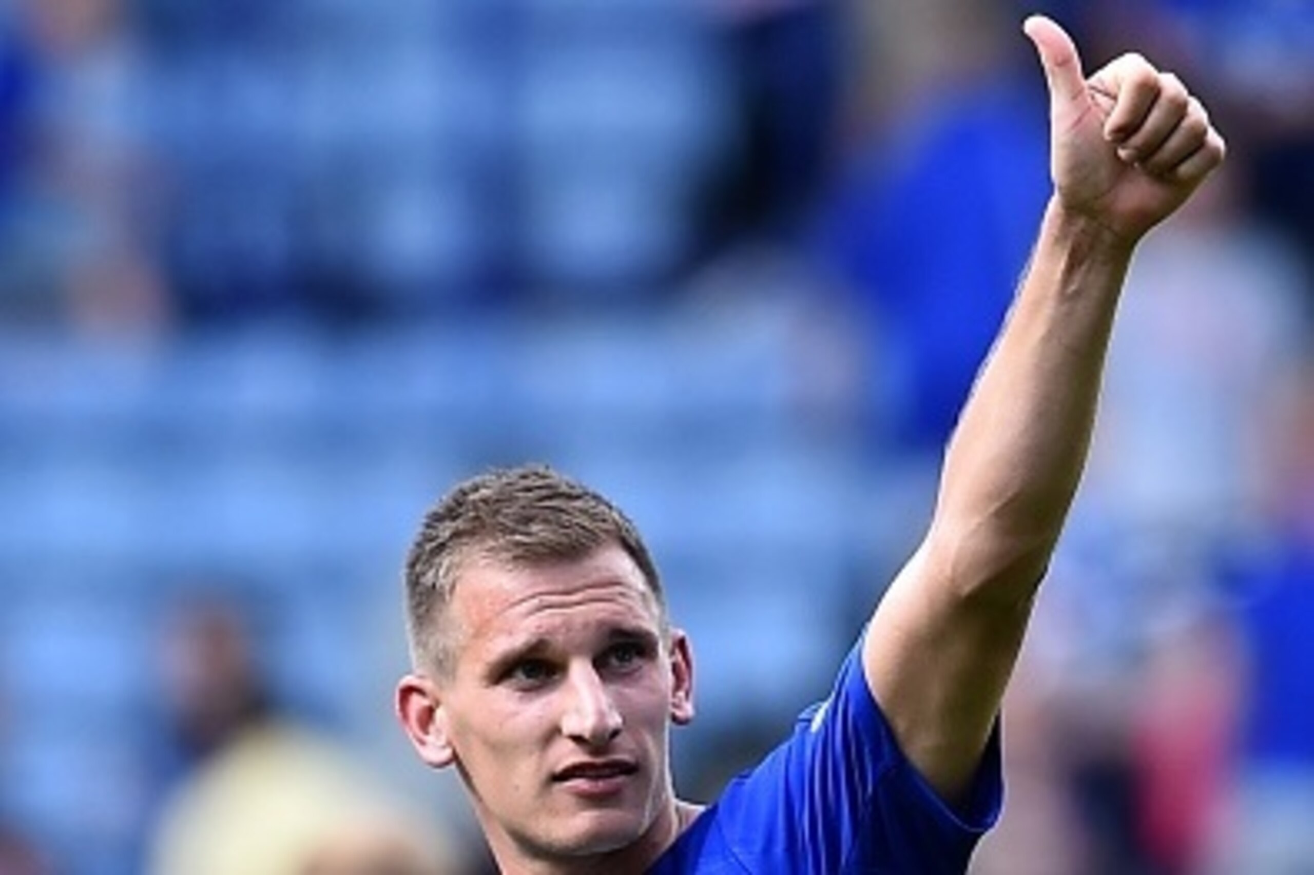 Leicester City's English midfielder Marc Albrighton reacts after the final whistle of the English Premier League football match between Leicester City and Sunderland at King Power Stadium in Leicester, central England on August 8, 2015. AFP PHOTO / BEN ST