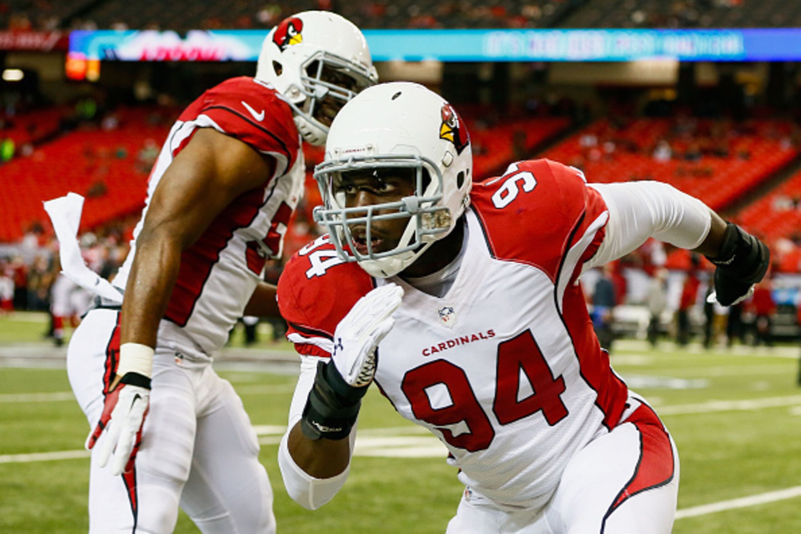 ATLANTA, GA - NOVEMBER 30: Sam Acho #94 of the Arizona Cardinals warms up prior to the game against the Atlanta Falcons at the Georgia Dome on November 30, 2014 in Atlanta, Georgia.  (Photo by Kevin C. Cox/Getty Images)