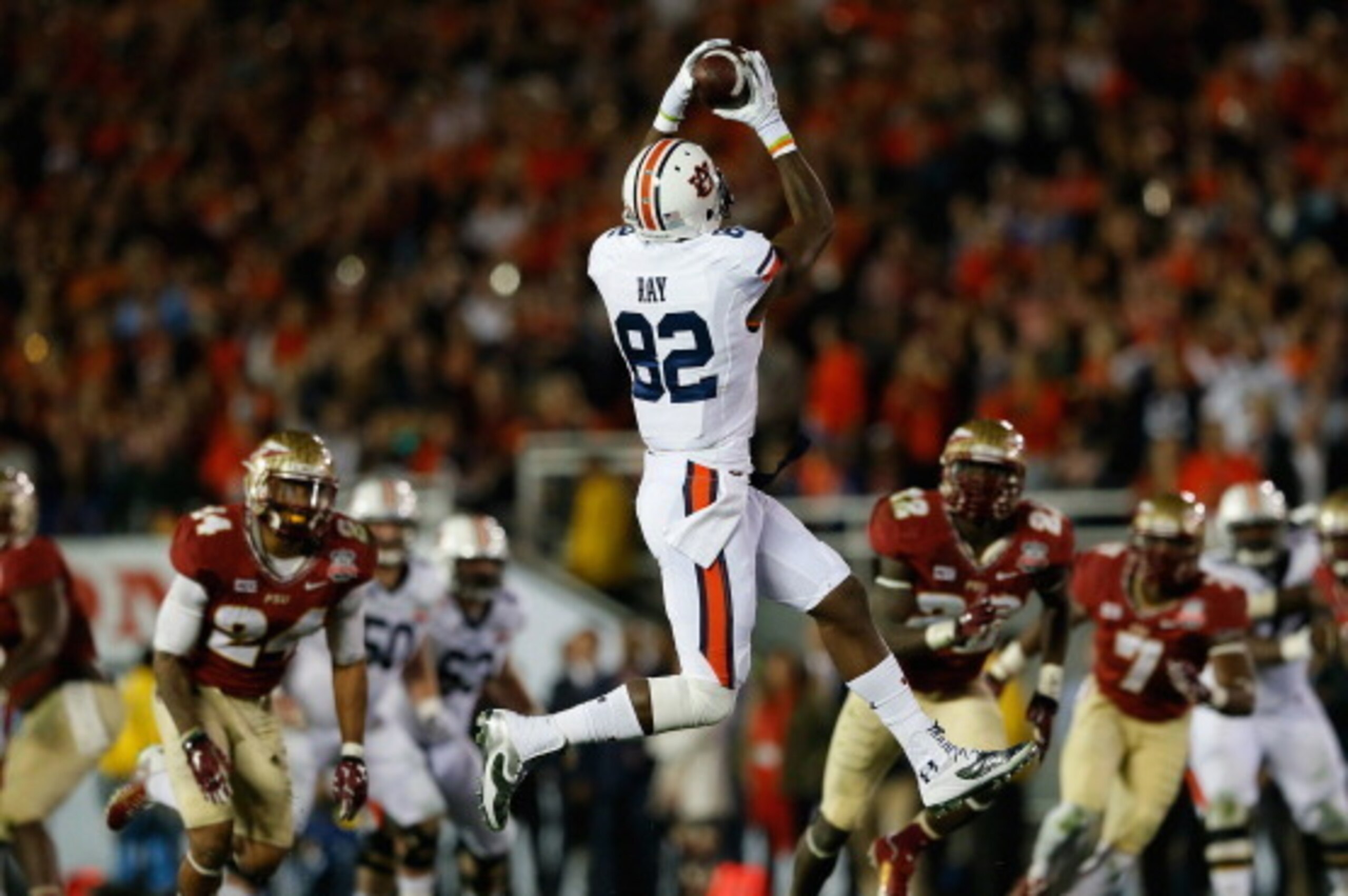 PASADENA, CA - JANUARY 06:  Wide receiver Melvin Ray #82 of the Auburn Tigers makes a catch for a 50-yard touchdown against the Florida State Seminoles in the second quarter of the 2014 Vizio BCS National Championship Game at the Rose Bowl on January 6, 2