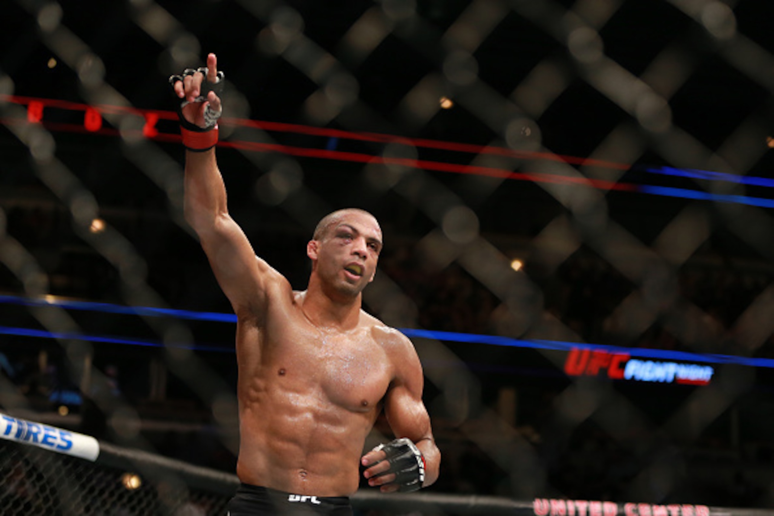 CHICAGO, IL - JULY 25:  Edson Barboza celebrates after the match against Paul Felderin their lightweight bout during the UFC event at the United Center on July 25, 2015 in Chicago, Illinois. (Photo by Rey Del Rio/Zuffa LLC/Zuffa LLC via Getty Images)