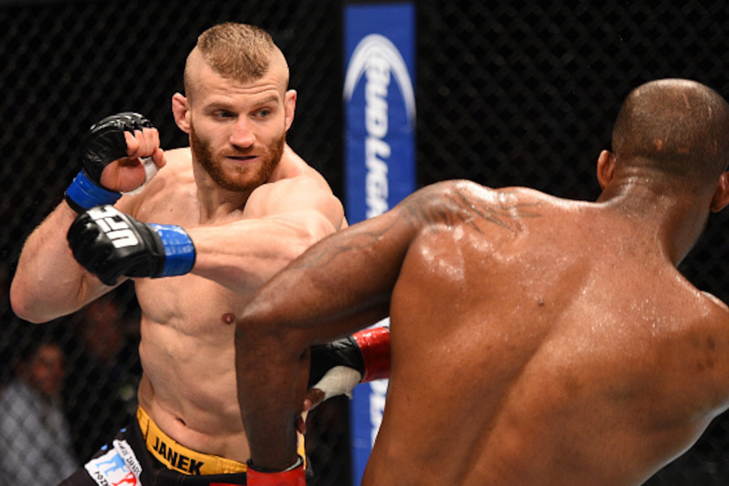 KRAKOW, POLAND - APRIL 11:  (L-R) Jan Blachowicz of Poland punches Jimi Manuwa of England in their light heavyweight fight during the UFC Fight Night event at the Tauron Arena on April 11, 2015 in Krakow, Poland. (Photo by Jeff Bottari/Zuffa LLC/Zuffa LLC