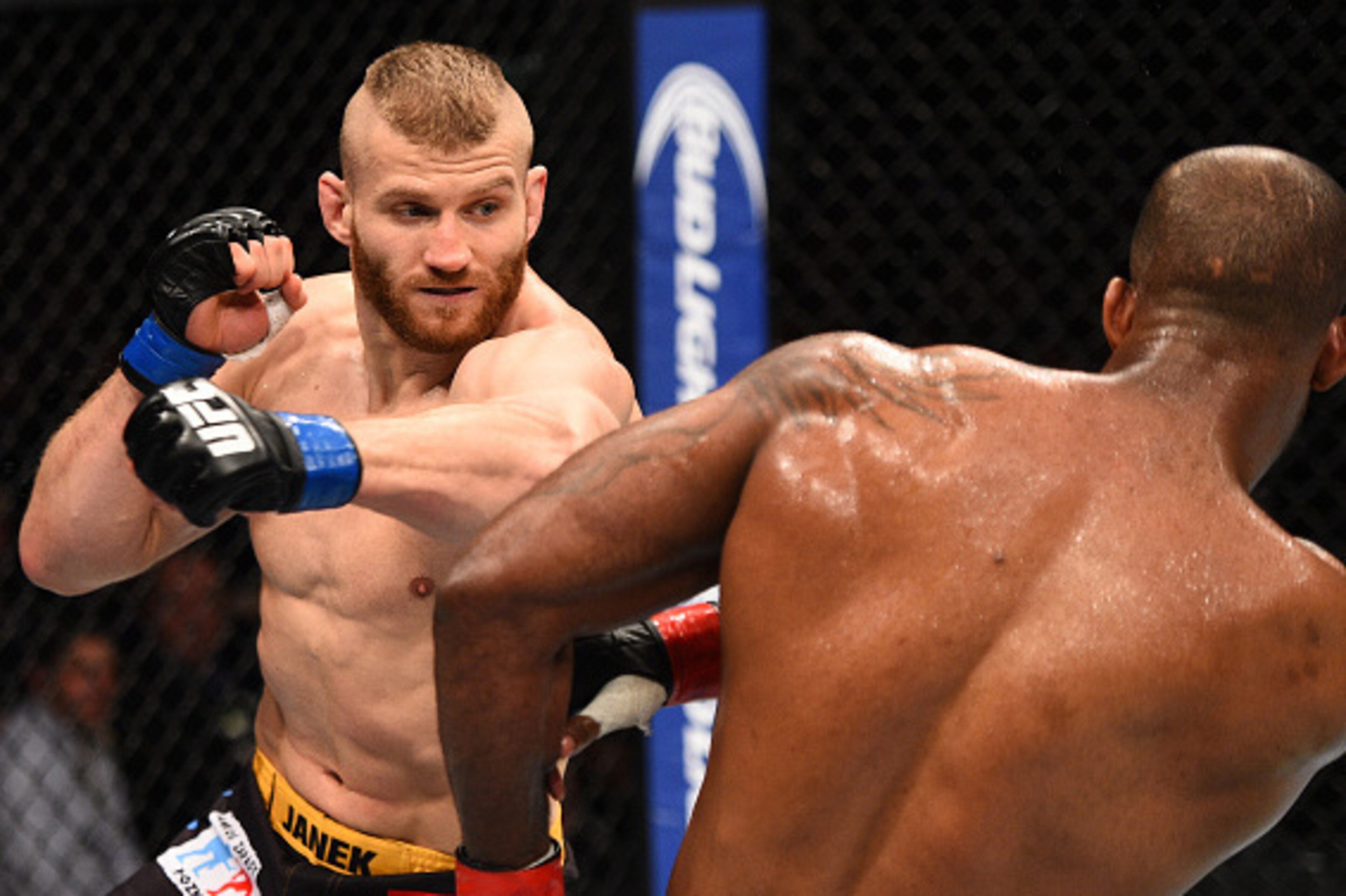 KRAKOW, POLAND - APRIL 11:  (L-R) Jan Blachowicz of Poland punches Jimi Manuwa of England in their light heavyweight fight during the UFC Fight Night event at the Tauron Arena on April 11, 2015 in Krakow, Poland. (Photo by Jeff Bottari/Zuffa LLC/Zuffa LLC