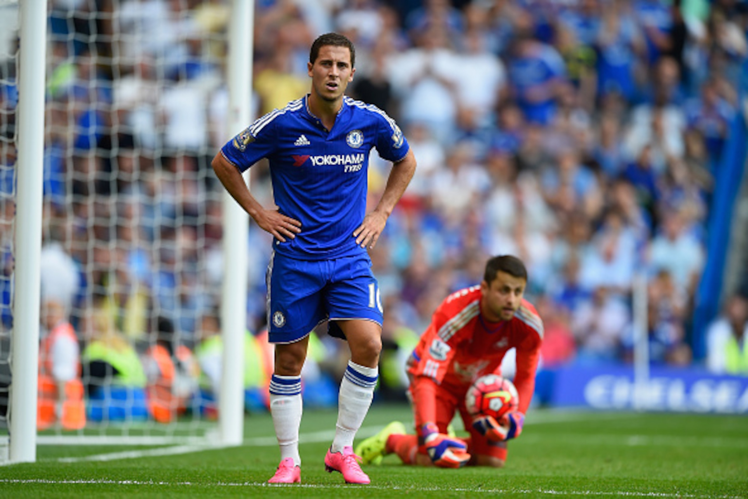 LONDON, ENGLAND - AUGUST 08:  Eden Hazard of Chelsea reacts during the Barclays Premier League match between Chelsea and Swansea City at Stamford Bridge on August 8, 2015 in London, England.  (Photo by Mike Hewitt/Getty Images)