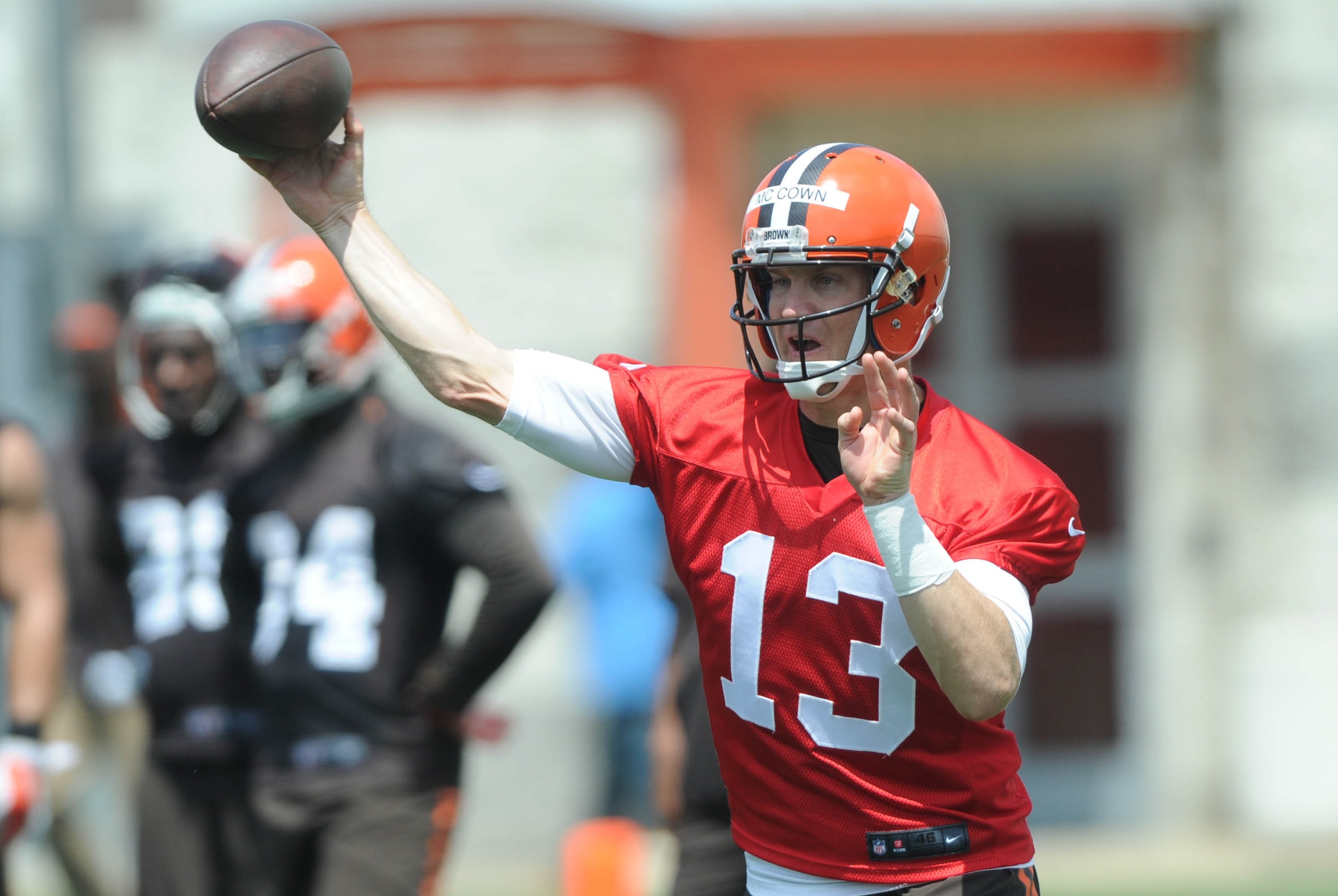 Jun 16, 2015; Berea, OH, USA; Cleveland Browns quarterback Josh McCown (13) throws a pass during minicamp at the Cleveland Browns practice facility. Mandatory Credit: Ken Blaze-USA TODAY Sports