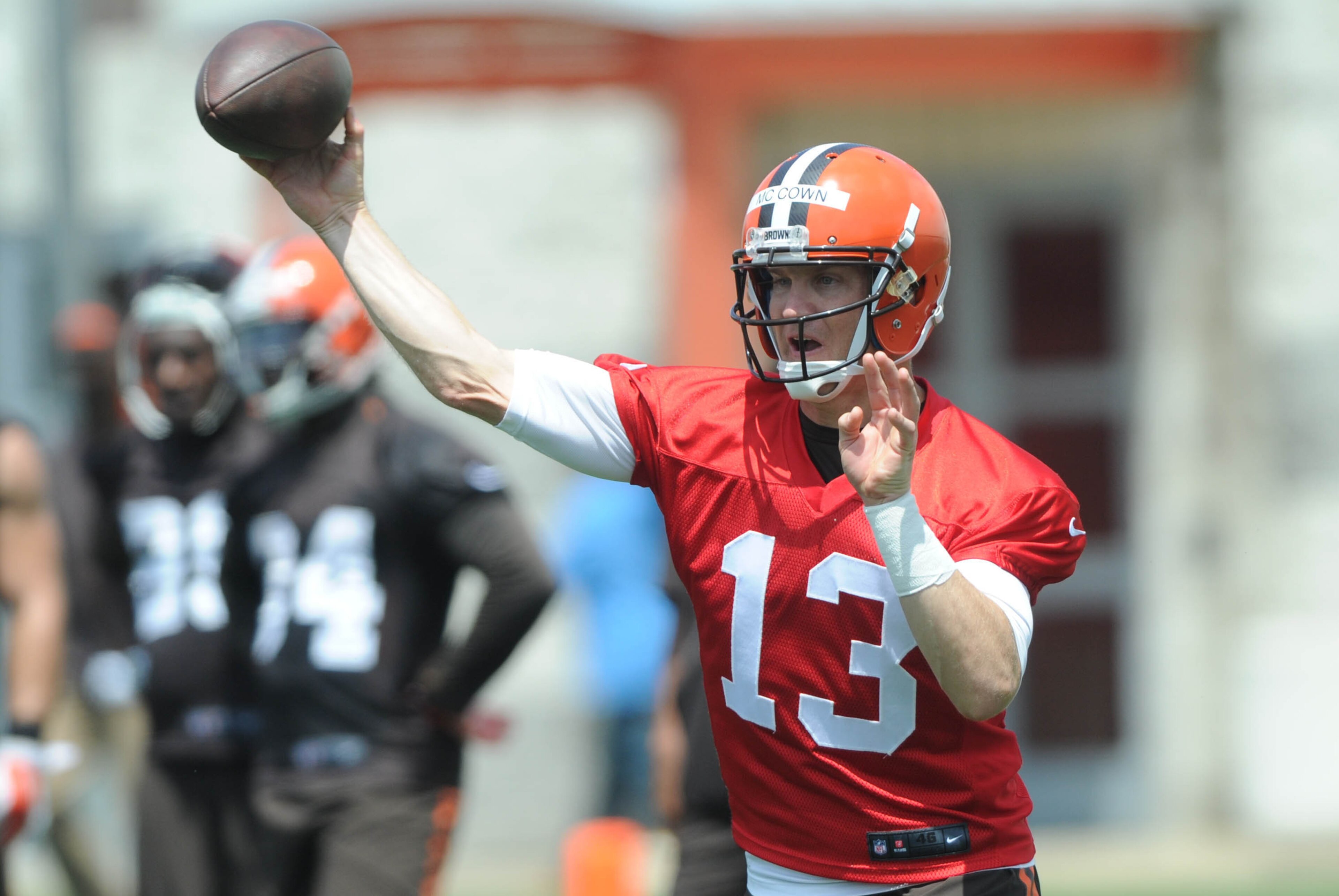Jun 16, 2015; Berea, OH, USA; Cleveland Browns quarterback Josh McCown (13) throws a pass during minicamp at the Cleveland Browns practice facility. Mandatory Credit: Ken Blaze-USA TODAY Sports
