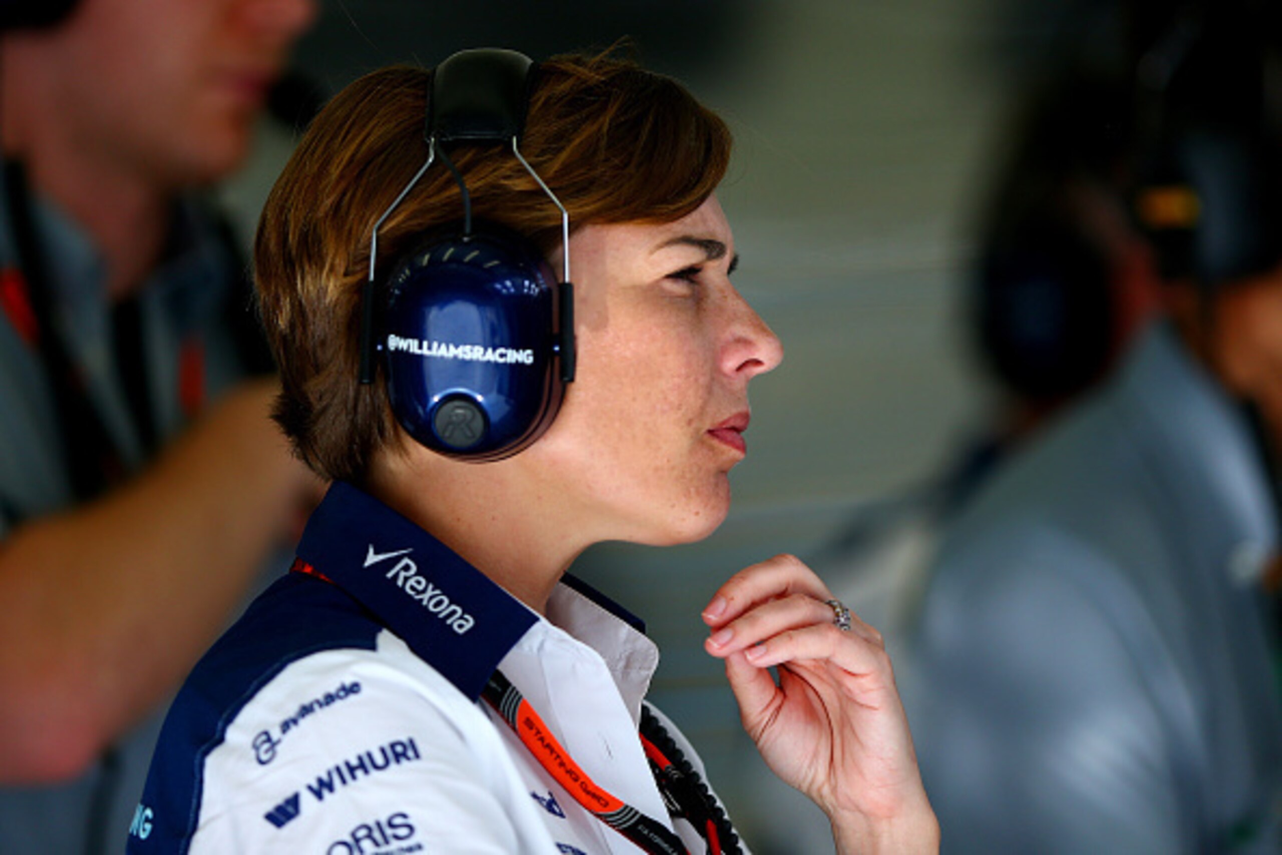 BAHRAIN, BAHRAIN - APRIL 18:  Williams Deputy Team Principal Claire Williams watches the action from the garage during final practice for the Bahrain Formula One Grand Prix at Bahrain International Circuit on April 18, 2015 in Bahrain, Bahrain.  (Photo by
