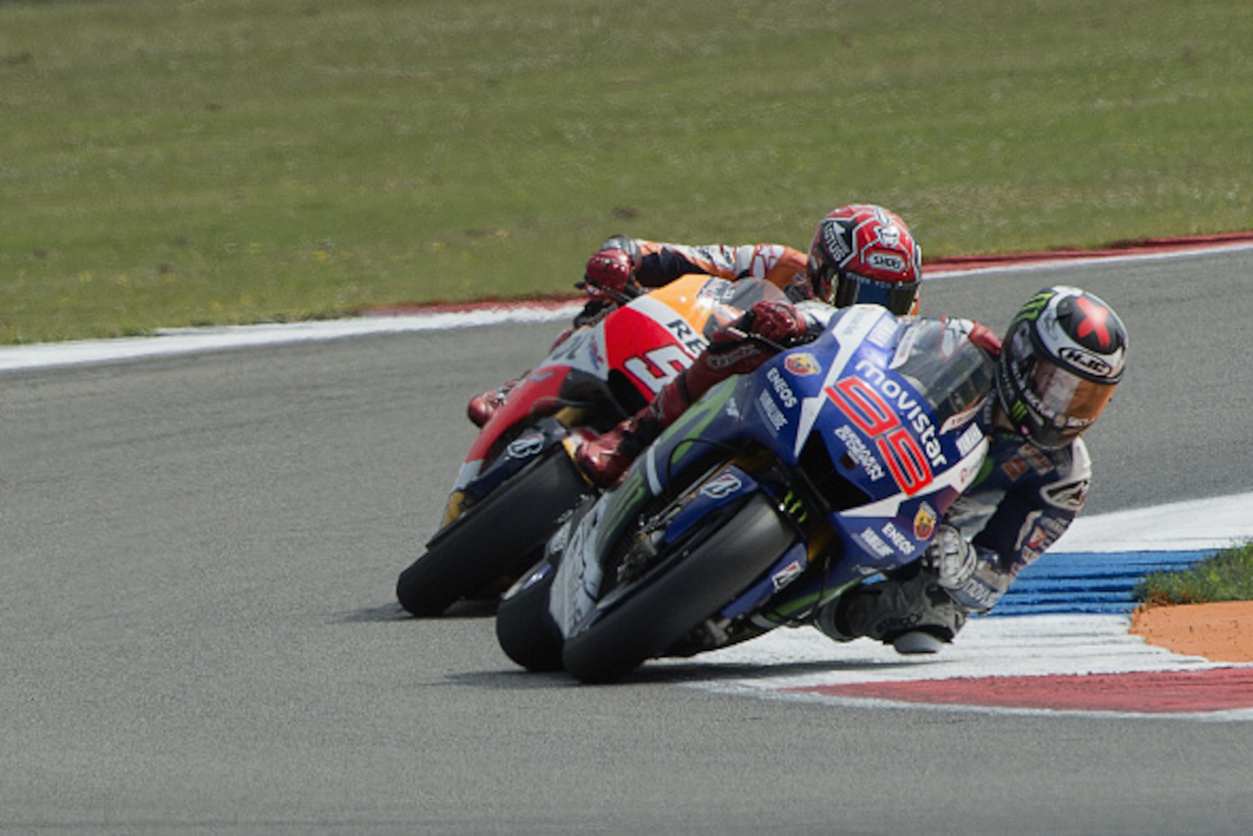 ASSEN, NETHERLANDS - JUNE 26:  Jorge Lorenzo of Spain and Movistar Yamaha MotoGP leads Marc Marquez of Spain and Repsol Honda Team during the MotoGP Netherlands - Qualifying at TT Assen Circuit on June 26, 2015 in Assen, Netherlands.  (Photo by Mirco Lazz