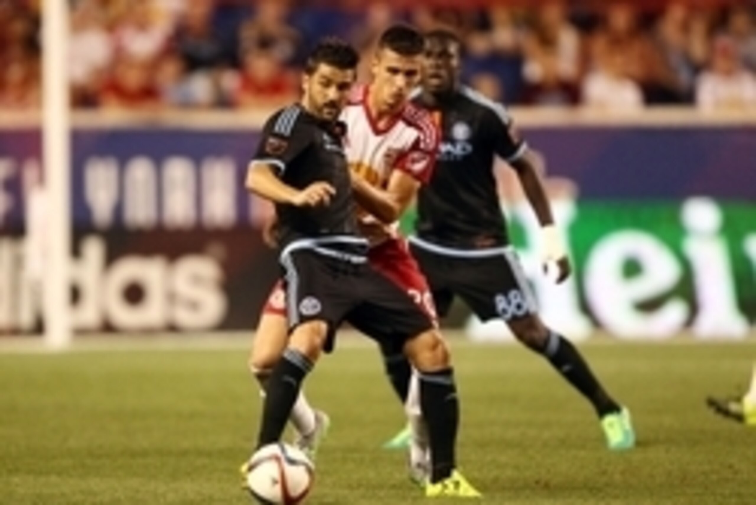 Aug 9, 2015; Harrison, NJ, USA; New York City FC forward David Villa (7) battles for the ball with New York Red Bulls defender Matt Miazga (20) during the second half at Red Bull Arena. Mandatory Credit: Danny Wild-USA TODAY Sports Aug 9, 2015; Harrison, NJ, USA; New York City FC forward David Villa (7) battles for the ball with New York Red Bulls defender Matt Miazga (20) during the second half at Red Bull Arena. Mandatory Credit: Danny Wild-USA TODAY Sports