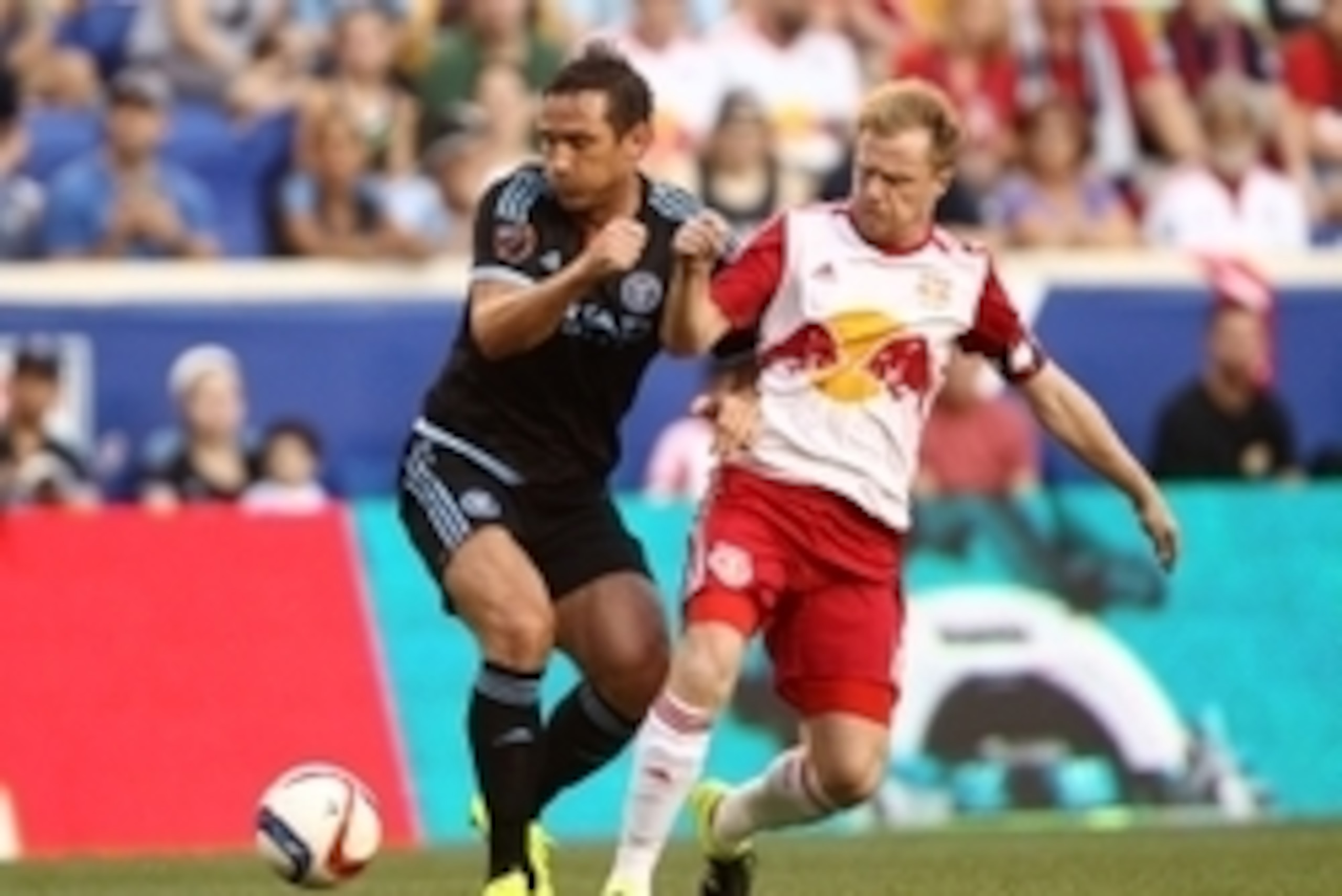 Aug 9, 2015; Harrison, NJ, USA; New York City FC midfielder Frank Lampard (8) and New York Red Bulls midfielder Dax McCarty (11) battle for a ball during the first half at Red Bull Arena. Mandatory Credit: Danny Wild-USA TODAY Sports Aug 9, 2015; Harrison, NJ, USA; New York City FC midfielder Frank Lampard (8) and New York Red Bulls midfielder Dax McCarty (11) battle for a ball during the first half at Red Bull Arena. Mandatory Credit: Danny Wild-USA TODAY Sports