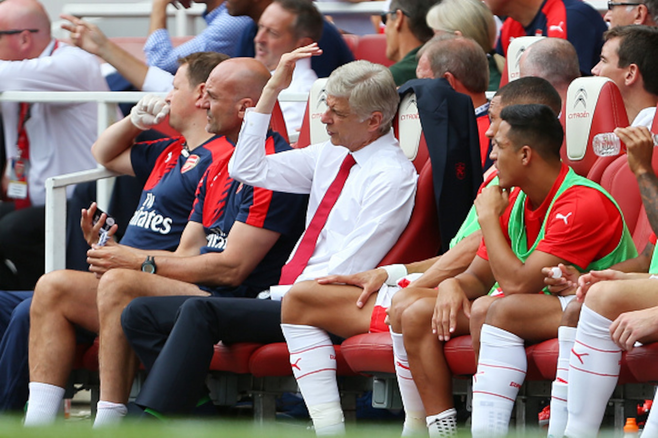 LONDON, ENGLAND - AUGUST 09:  Arsene Wenger manager / head coach of Arsenal reacts during the Barclays Premier League match between Arsenal and West Ham United at Emirates Stadium on August 9, 2015 in London, England.  (Photo by Catherine Ivill - AMA/Gett