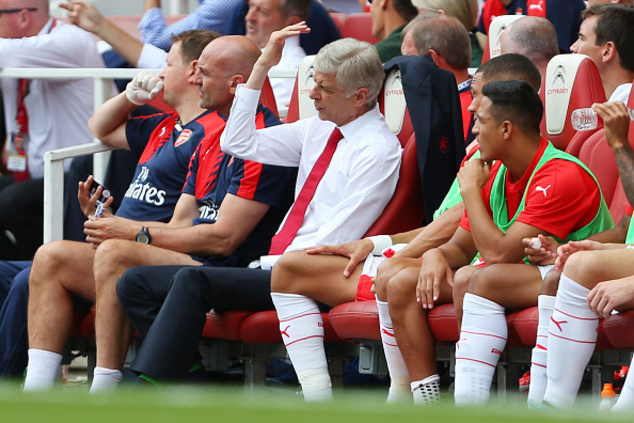 LONDON, ENGLAND - AUGUST 09:  Arsene Wenger manager / head coach of Arsenal reacts during the Barclays Premier League match between Arsenal and West Ham United at Emirates Stadium on August 9, 2015 in London, England.  (Photo by Catherine Ivill - AMA/Gett