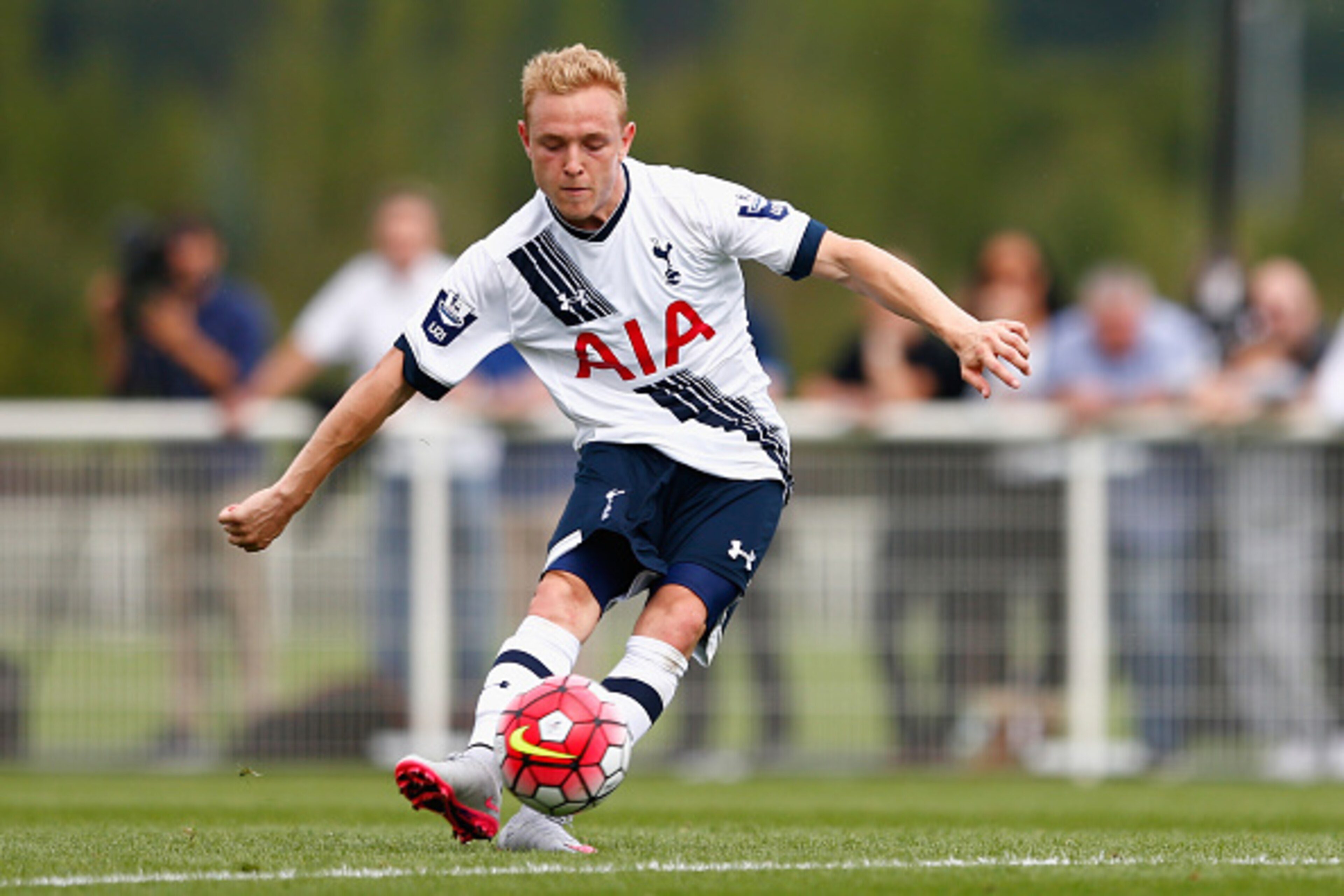 ENFIELD, ENGLAND - AUGUST 10: Alex Pritchard of Spurs scores from a free kick to make it 1-0 during the Barclays U21 Premier League match between Tottenham Hotspur U21 and Everton U21 at Tottenham Hotspur Training Ground on August 10, 2015 in Enfield, En ENFIELD, ENGLAND - AUGUST 10: Alex Pritchard of Spurs scores from a free kick to make it 1-0 during the Barclays U21 Premier League match between Tottenham Hotspur U21 and Everton U21 at Tottenham Hotspur Training Ground on August 10, 2015 in Enfield, En