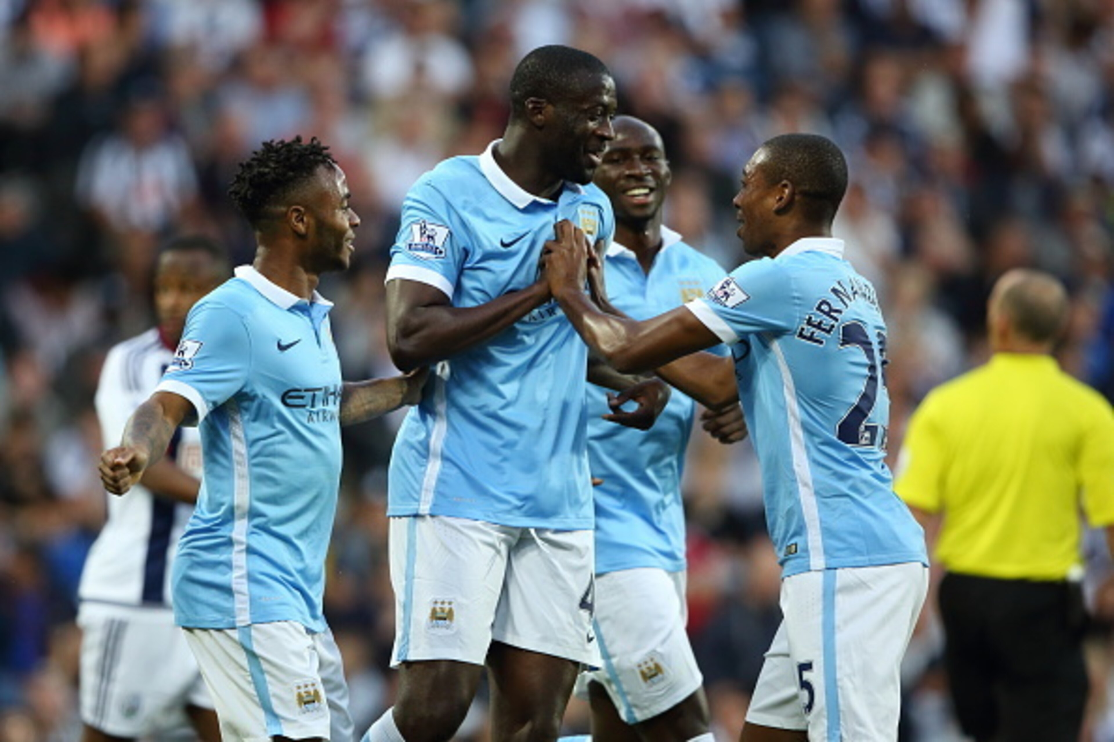 WEST BROMWICH, ENGLAND - AUGUST 10:  Yaya Toure of Manchester City celebrates after scoring a goal to make it 0-1 during the Barclays Premier League match between West Bromwich Albion and Manchester City at The Hawthorns  on August 10, 2015 in West Bromwi