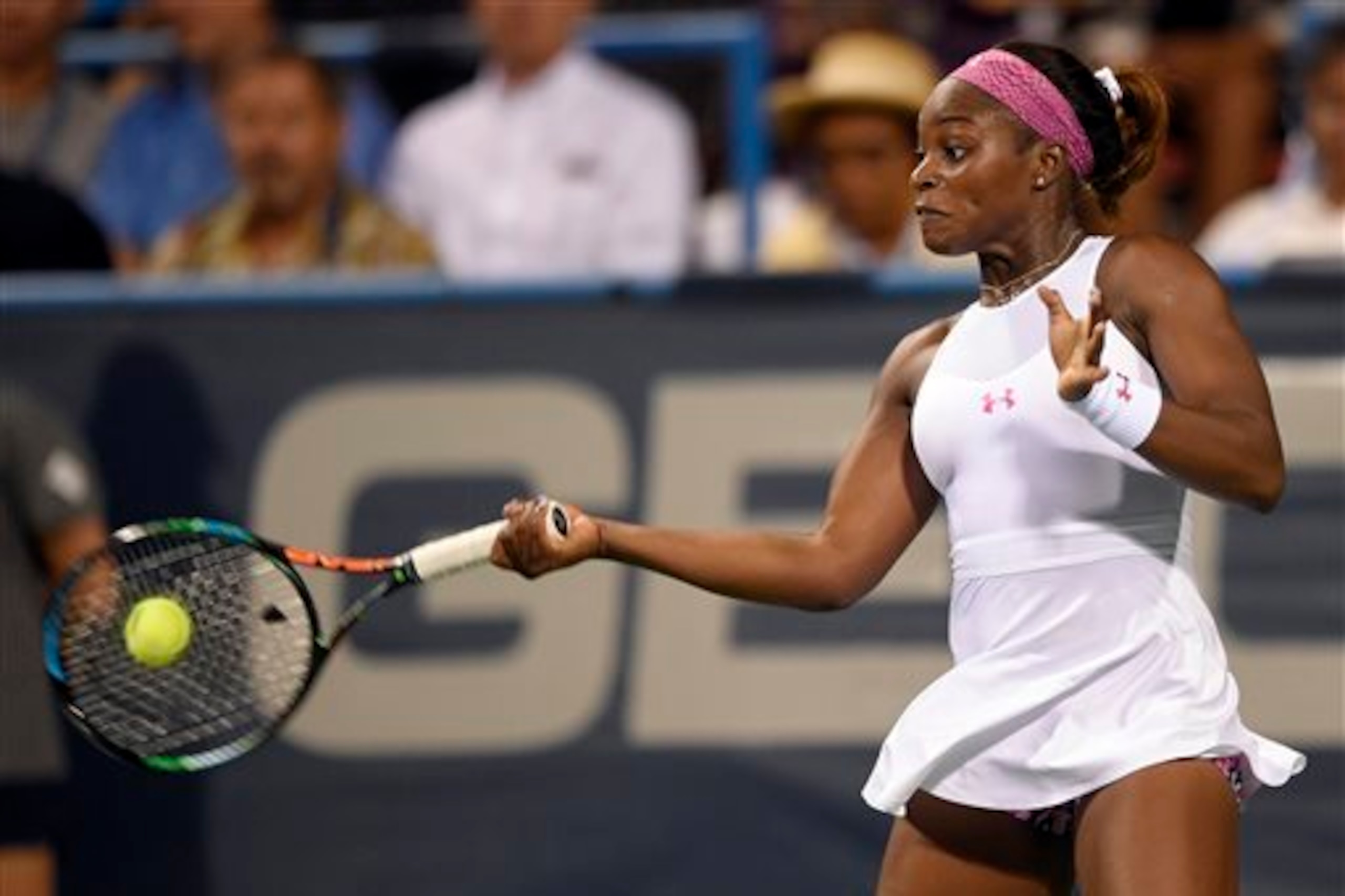 Sloane Stephens hits a forehand in her semifinals match against Sam Stosur at the Citi Open.