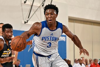 ORLANDO, FL - JULY 8: Stanley Johnson #3 of the Detroit Pistons drives against the Indiana Pacers on July 8, 2015 at Amway Center in Orlando, Florida. NOTE TO USER: User expressly acknowledges and agrees that, by downloading and or using this photograph, 