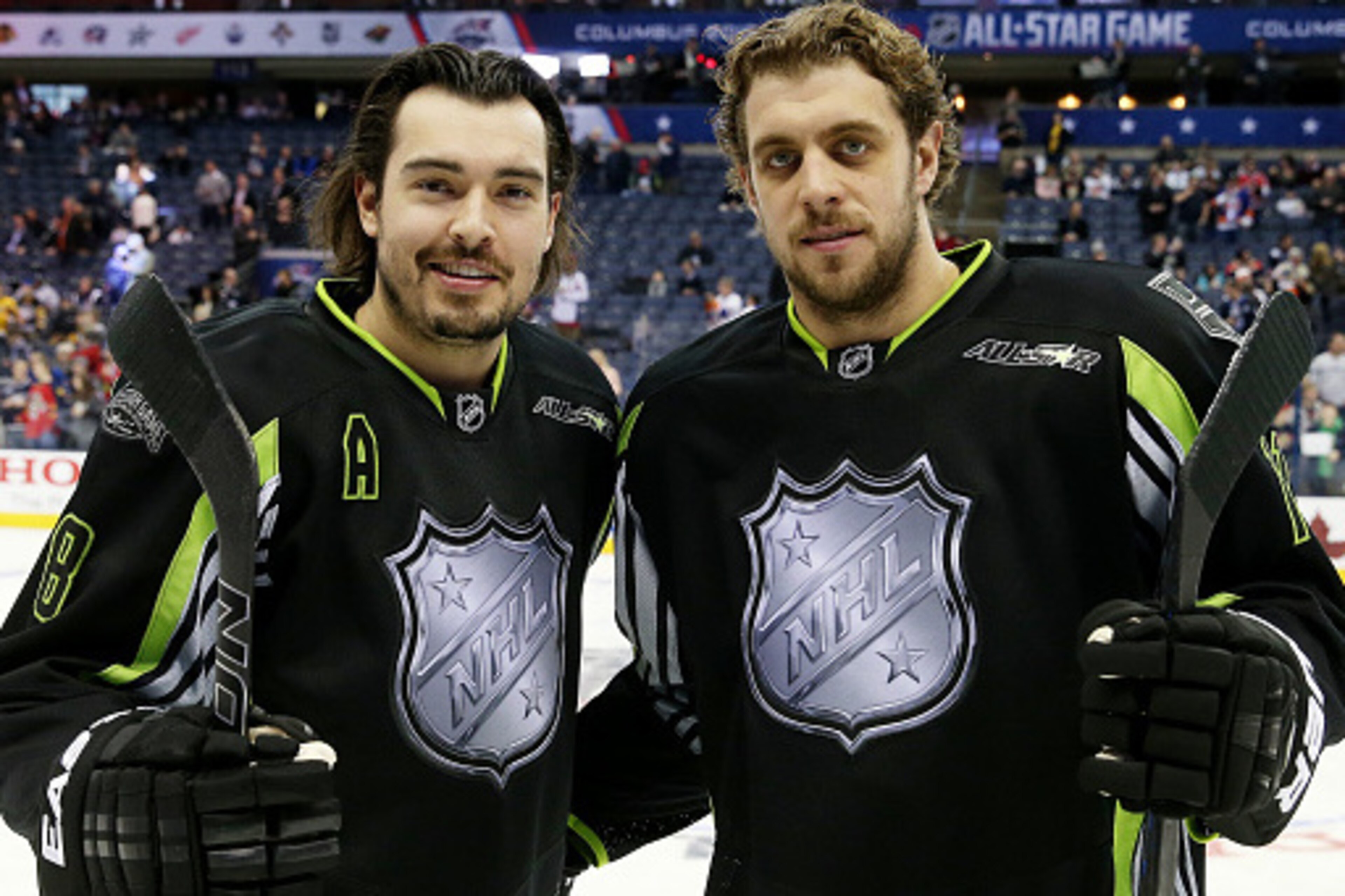COLUMBUS, OH - JANUARY 25:  Drew Doughty #8 and Anze Kopitar #11 of the Los Angeles Kings and Team Foligno pose prior to the 2015 Honda NHL All-Star Game at Nationwide Arena on January 25, 2015 in Columbus, Ohio.  (Photo by Bruce Bennett/Getty Images)