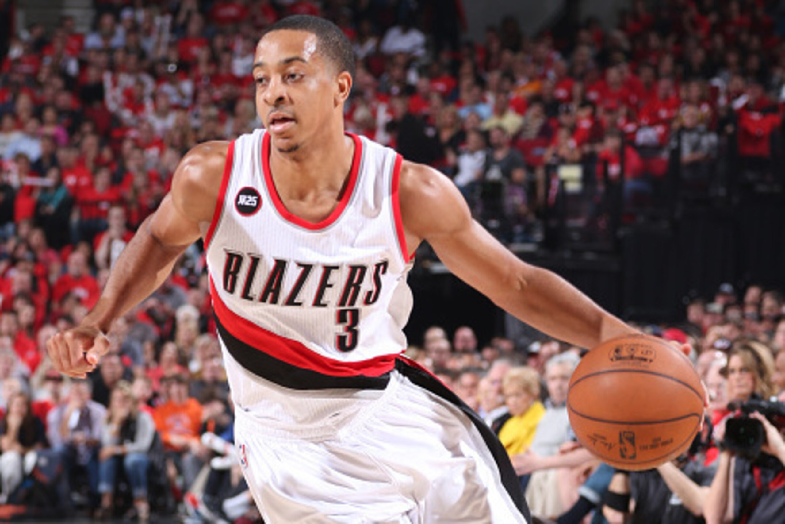 PORTLAND, OR - APRIL 27: C.J. McCollum #3 of the Portland Trail Blazers handles the ball against the Memphis Grizzlies in Game Four of the Western Conference Quarterfinals during the 2015 NBA Playoffs on April 27, 2015 at the Moda Center in Portland, Oreg PORTLAND, OR - APRIL 27: C.J. McCollum #3 of the Portland Trail Blazers handles the ball against the Memphis Grizzlies in Game Four of the Western Conference Quarterfinals during the 2015 NBA Playoffs on April 27, 2015 at the Moda Center in Portland, Oreg