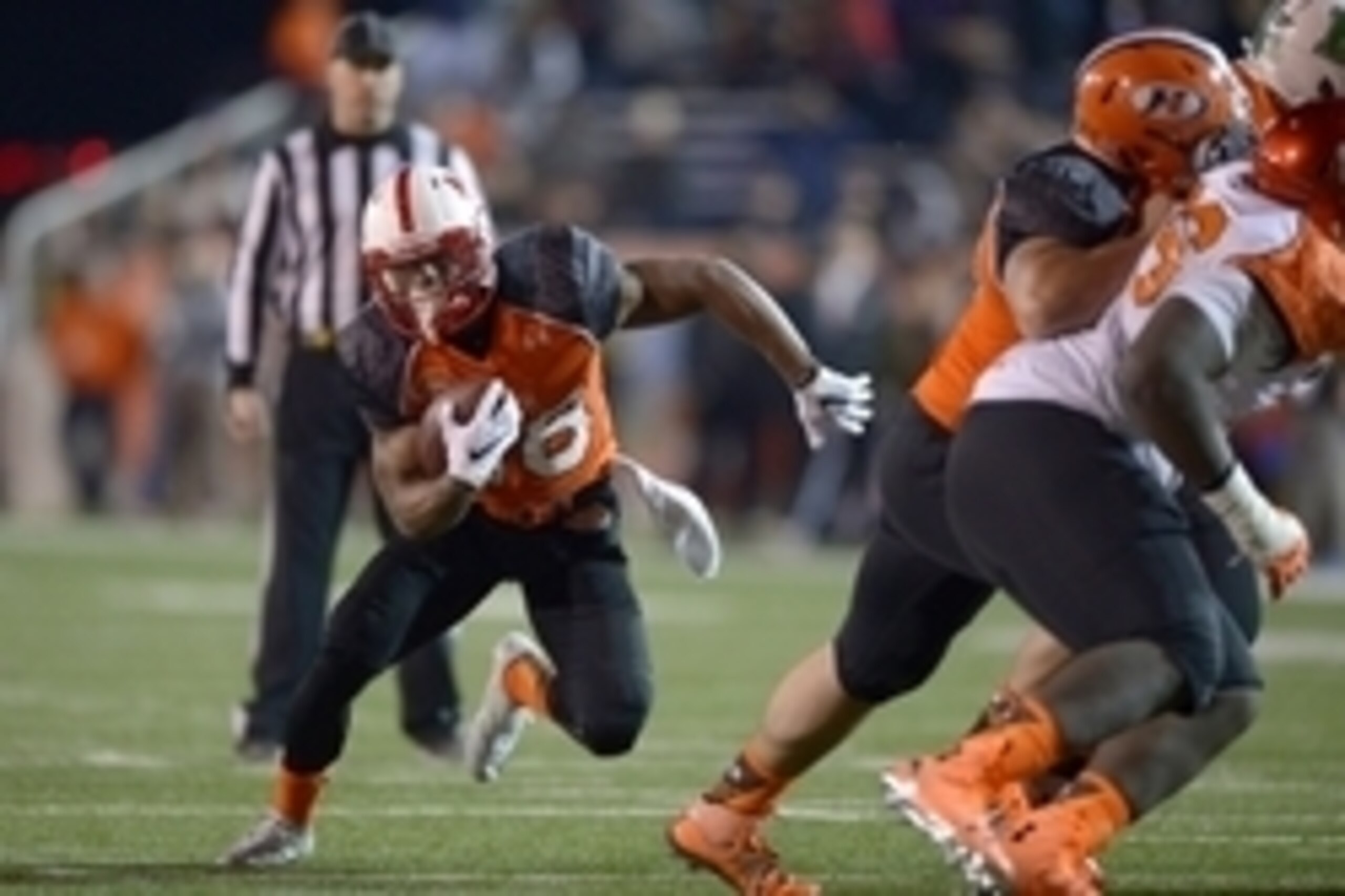 Jan 24, 2015; Mobile, AL, USA; North squad running back Ameer Abdullah of Nebraska (28) carries the ball against the against the South squad in the fourth quarter of the Senior Bowl at Ladd-Peebles Stadium. The North won, 34-13. Mandatory Credit: Glenn An Jan 24, 2015; Mobile, AL, USA; North squad running back Ameer Abdullah of Nebraska (28) carries the ball against the against the South squad in the fourth quarter of the Senior Bowl at Ladd-Peebles Stadium. The North won, 34-13. Mandatory Credit: Glenn An