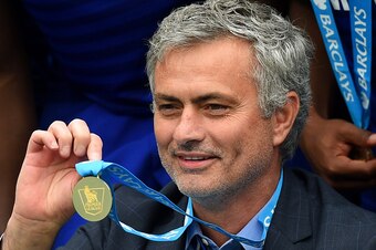 LONDON, ENGLAND - MAY 24: Jose Mourinho manager of Chelsea shows his champion's medal after the Barclays Premier League match between Chelsea and Sunderland at Stamford Bridge on May 24, 2015 in London, England.  (Photo by Michael Regan/Getty Images)