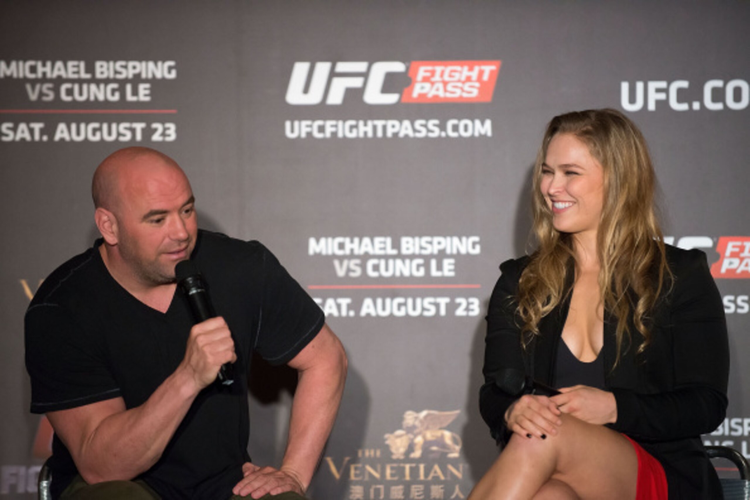 HONG KONG - AUGUST 20:  UFC President Dana White and UFC women's bantamweight champion Ronda Rousey at a Q&A session during the Macao UFC Fight Night Press Conference at the Four Season Hotel on August 20, 2014 in Hong Kong.  (Photo by Anthony Kwan/Getty 