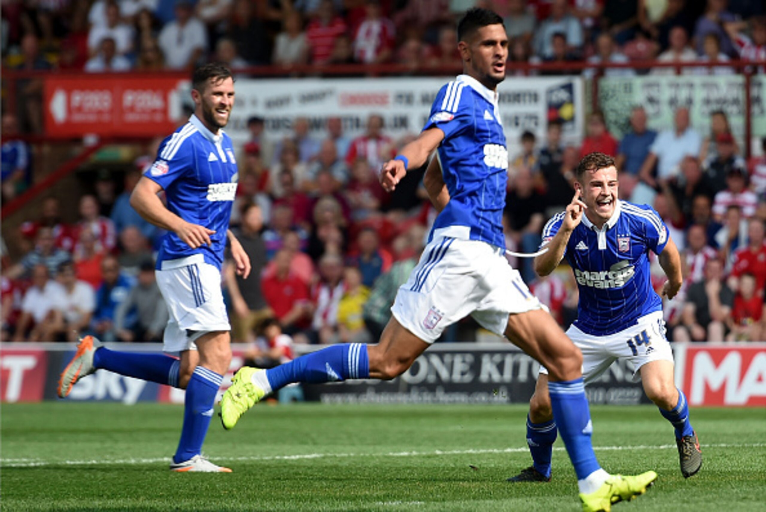 BRENTFORD, ENGLAND - AUGUST 08:  Ryan Fraser of Ipswich Town celebrates scoring his sides second goal during the Sky Bet Championship match between Brentford and Ipswich Town at Griffin Park on August 8, 2015 in Brentford, England.  (Photo by Tom Dulat/Ge