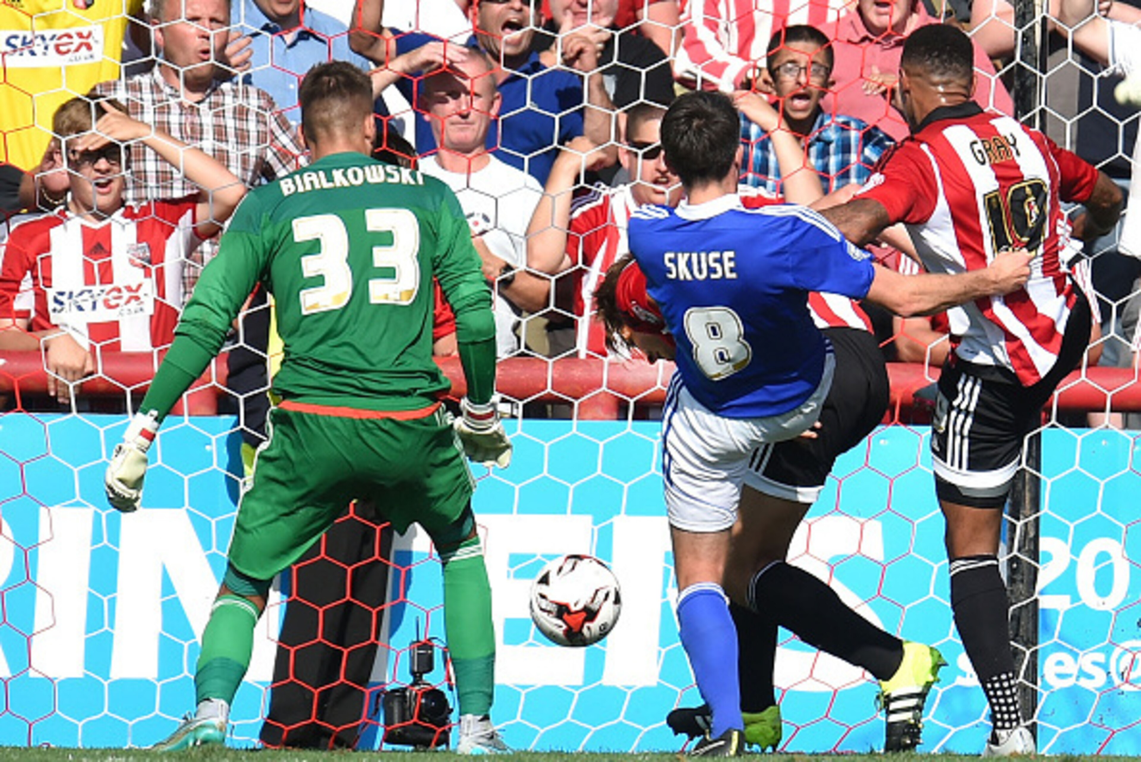 BRENTFORD, ENGLAND - AUGUST 08:  James Tarkowski of Brentford scores his side's second goal during the Sky Bet Championship match between Brentford and Ipswich Town at Griffin Park on August 8, 2015 in Brentford, England.  (Photo by Tom Dulat/Getty Images