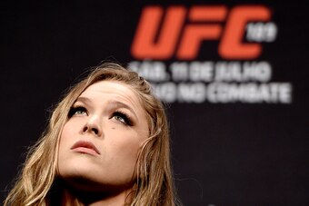 RIO DE JANEIRO, BRAZIL - MARCH 20:  UFC Women's Bantamweight Champion Ronda Rousey of the United States looks on during the the UFC 189 World Media Tour Launch press conference at Maracanazinho on March 20, 2015 in Rio de Janeiro, Brazil.  (Photo by Buda 