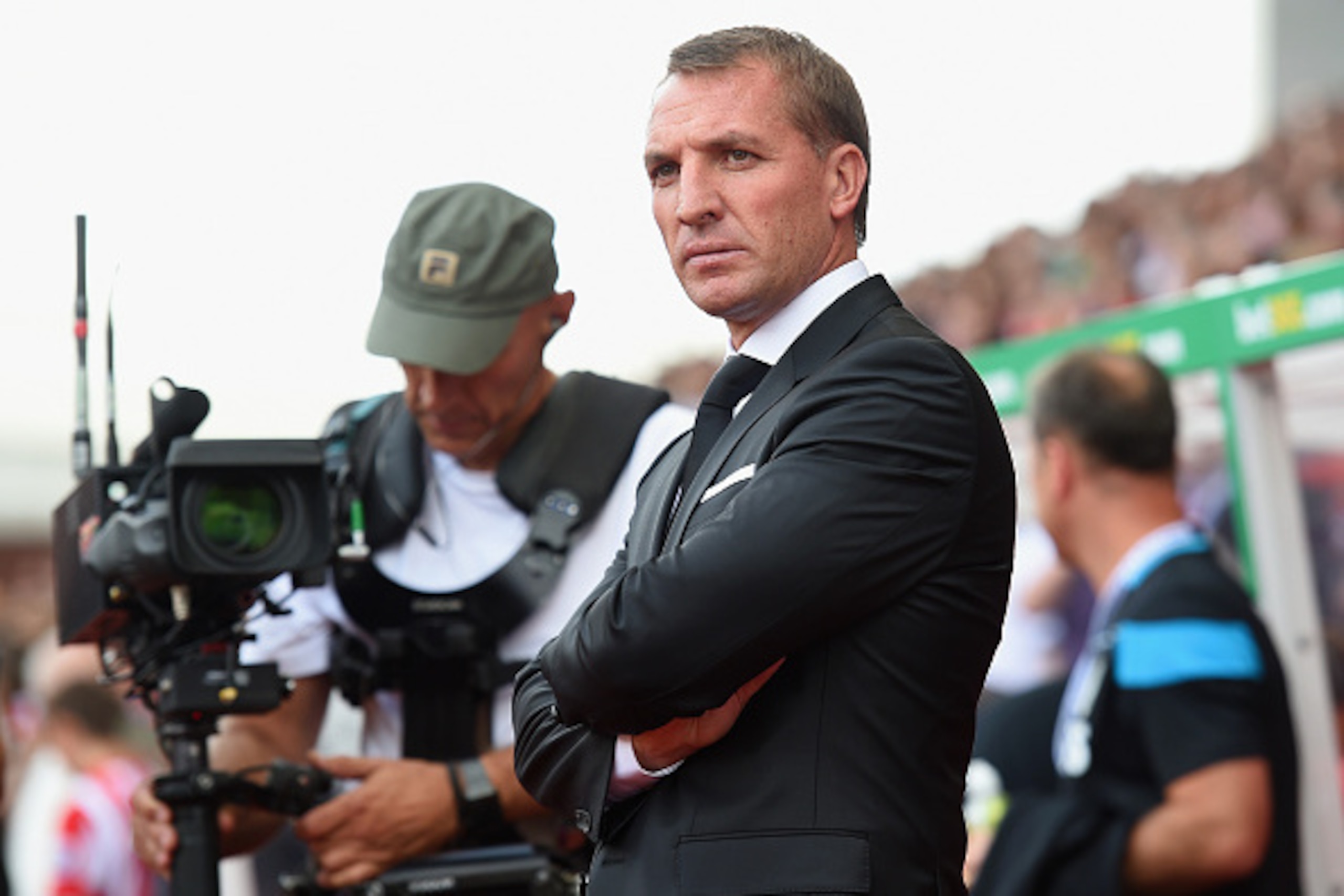 STOKE ON TRENT, ENGLAND - AUGUST 09:  Brendan Rodgers manager of Liverpool looks on prior to the Barclays Premier League match between Stoke City and Liverpool at Brittania Stadium on August 9, 2015 in Stoke on Trent, England.  (Photo by Michael Regan/Get