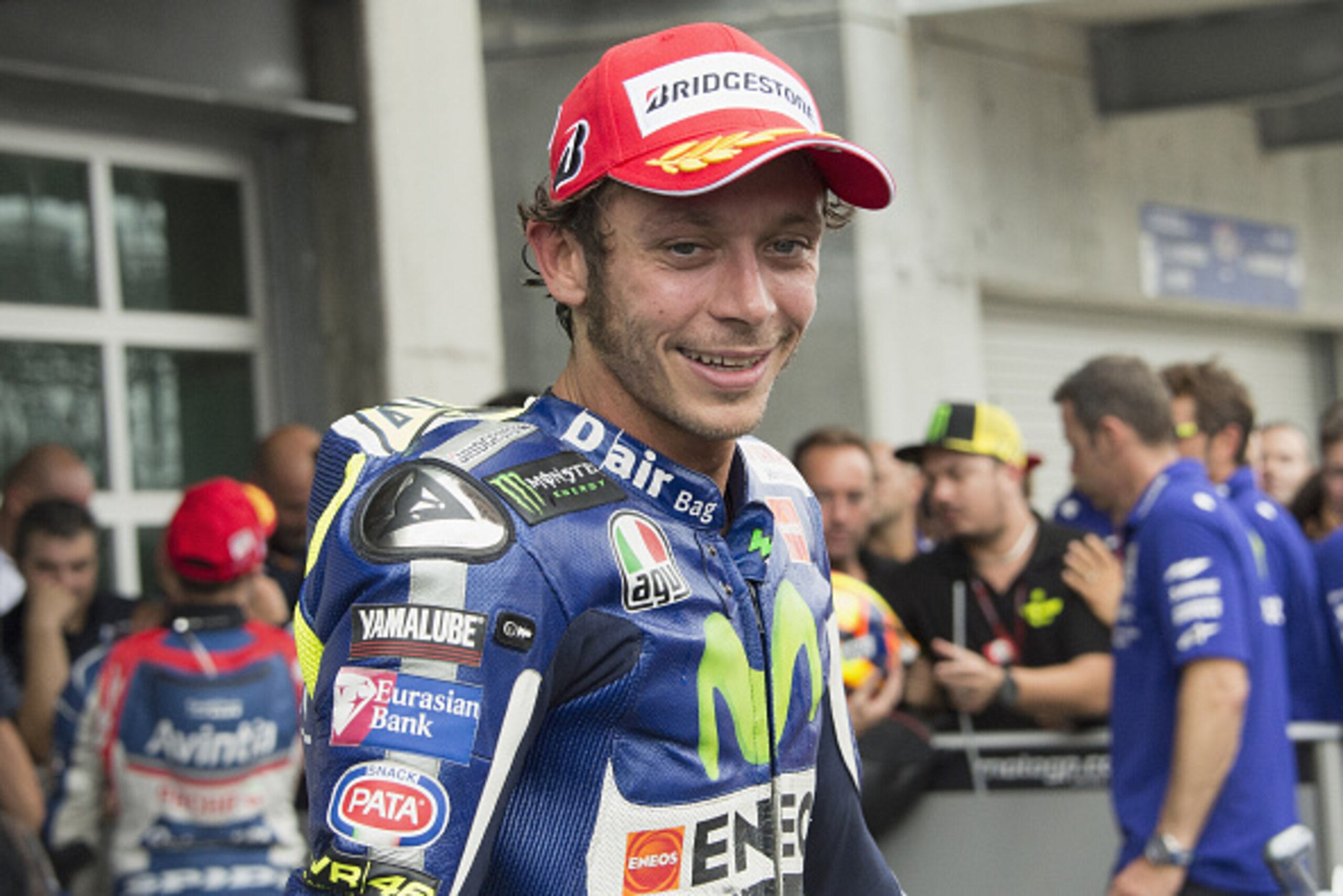 INDIANAPOLIS, IN - AUGUST 09:  Valentino Rossi of Italy and Movistar Yamaha MotoGP celebrates the third place under the podium at the end of the MotoGP race during the MotoGp Red Bull U.S. Indianapolis Grand Prix - Race at Indianapolis Motor Speedway on A