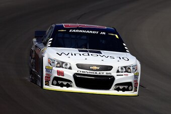 LONG POND, PA - AUGUST 01:  Dale Earnhardt Jr., driver of the #88 Microsoft Chevrolet, practices for the NASCAR Sprint Cup Series Windows 10 400 at Pocono Raceway on August 1, 2015 in Long Pond, Pennsylvania.  (Photo by Chris Trotman/Getty Images)