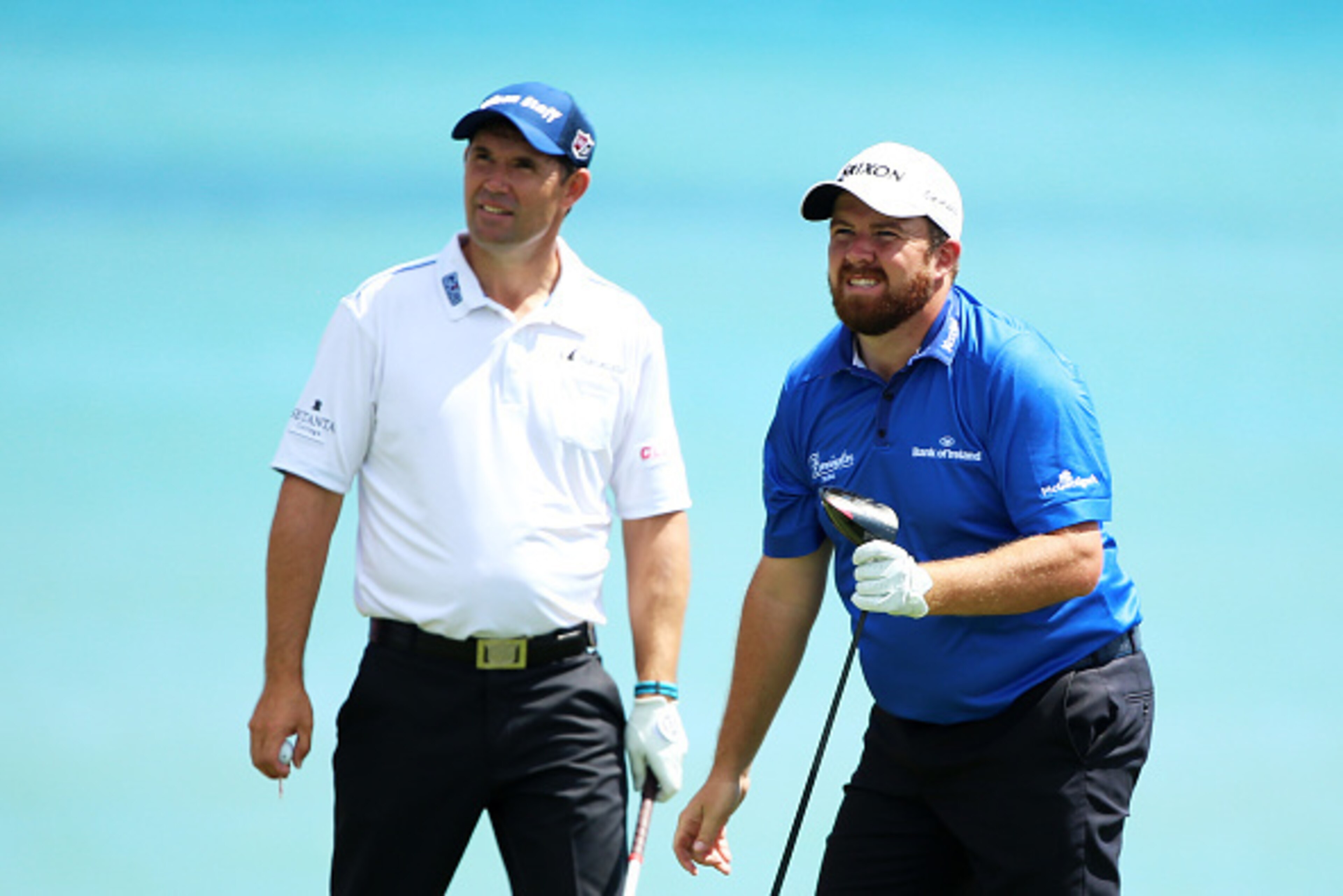SHEBOYGAN, WI - AUGUST 11:  Padraig Harrington (L) and Shane Lowry of Ireland wait together on a tee box during a practice round prior to the 2015 PGA Championship at Whistling Straits on August 11, 2015 in Sheboygan, Wisconsin.  (Photo by Andrew Redingto