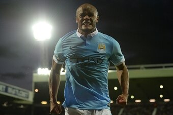 Manchester City's Belgian defender Vincent Kompany celebrates after scoring City's third goal during the English Premier League football match between West Bromwich Albion and Manchester City at The Hawthorns in West Bromwich, central England, on August 1
