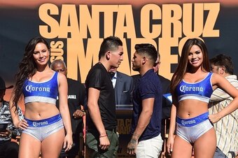 Undefeated two-Division World Champion Leo 'El Terremoto' Santa Cruz (L) and former three-division world champion Abner Mares (R)  face off at a press conference in Los Angeles on July 14, 2015, to announce their 12-round featherweight fight taking place 