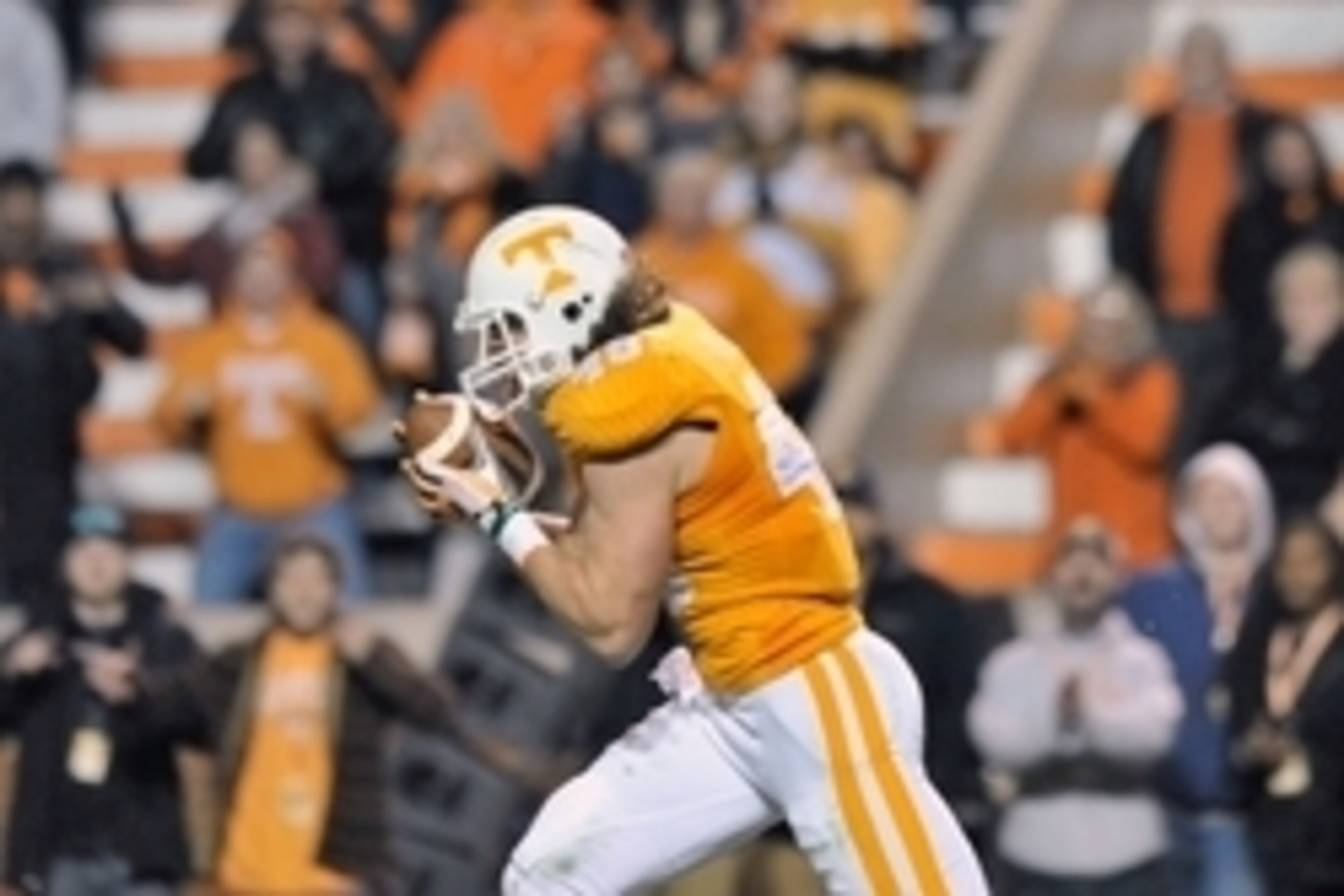 Nov 22, 2014; Knoxville, TN, USA; Tennessee Volunteers tight end Alex Ellis (48) catches a pass from holder Patrick Ashford (not pictured) on a fake field goal attempt and rushes for a touchdown against the Missouri Tigers during the first half at Neyland