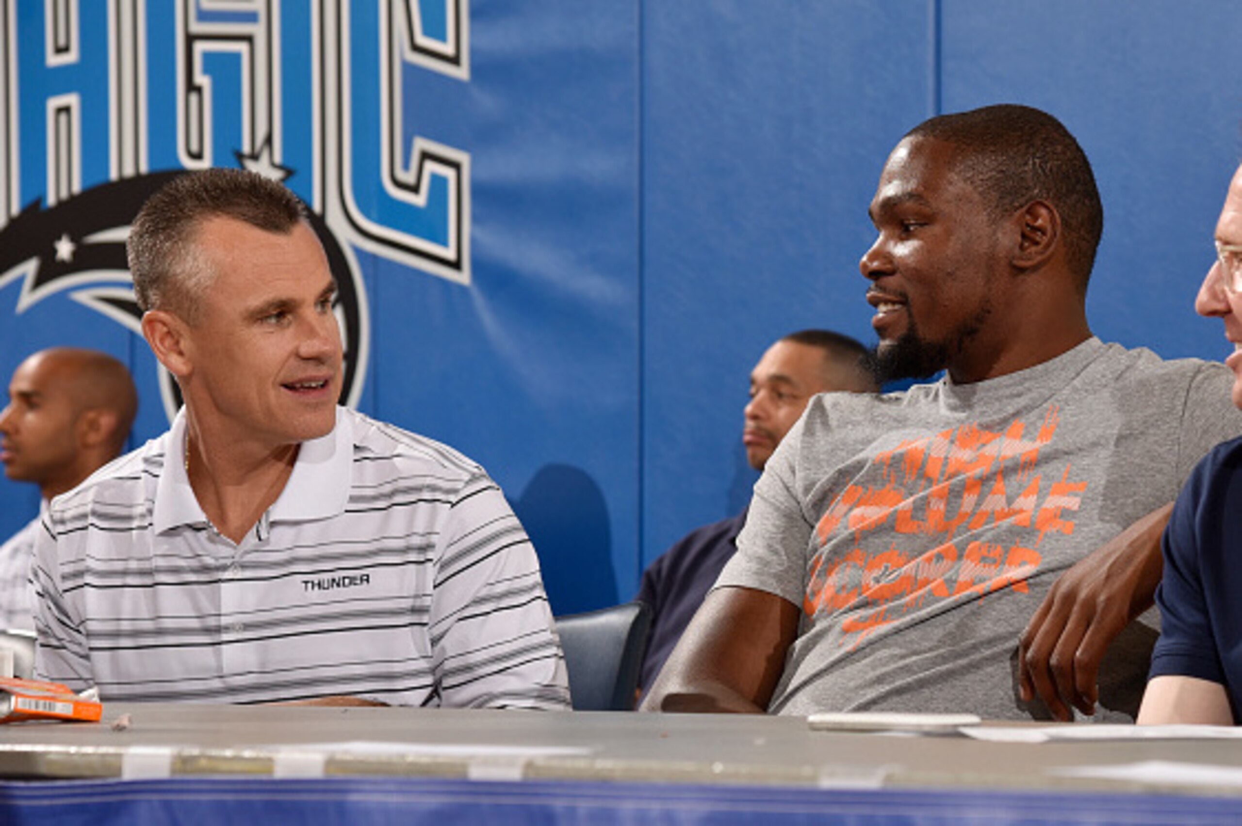 ORLANDO, FL - JULY 4: Billy Donovan and Kevin Durant #35 of the Oklahoma City Thunder sit on the sideline during a game against the Charlotte Hornets on July 4, 2015 at Amway Center in Orlando, Florida. NOTE TO USER: User expressly acknowledges and agrees