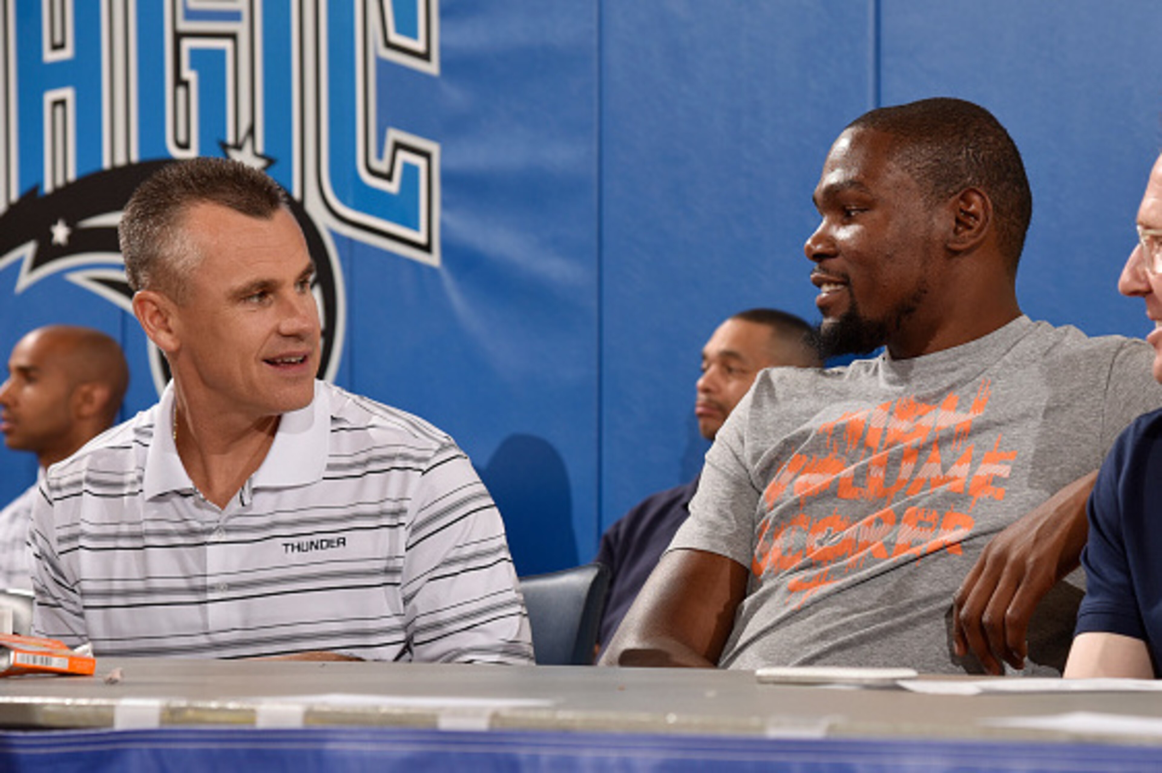 ORLANDO, FL - JULY 4: Billy Donovan and Kevin Durant #35 of the Oklahoma City Thunder sit on the sideline during a game against the Charlotte Hornets on July 4, 2015 at Amway Center in Orlando, Florida. NOTE TO USER: User expressly acknowledges and agrees