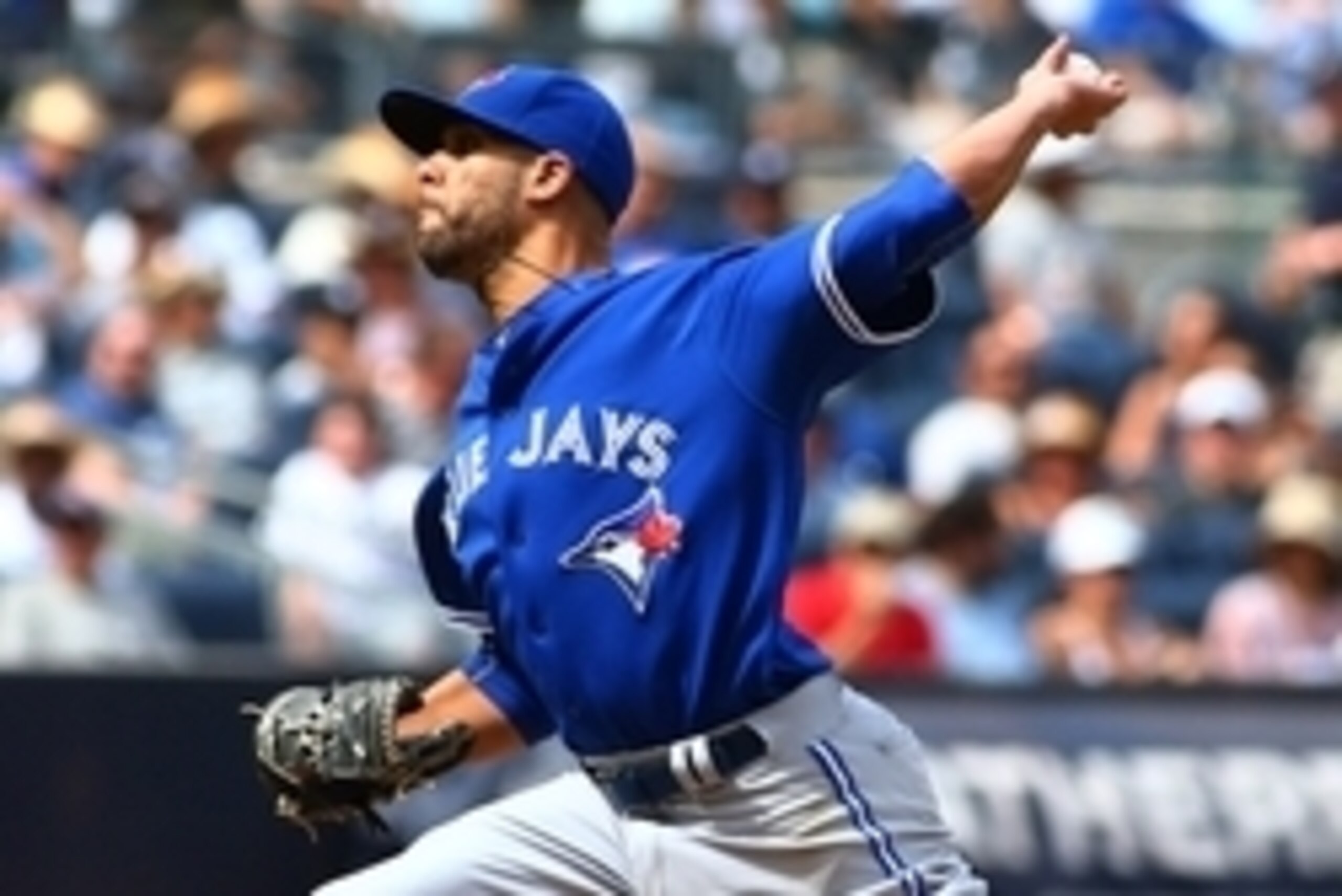 Aug 8, 2015; Bronx, NY, USA; Toronto Blue Jays starting and winning pitcher David Price (14) pitches in the seventh inning against the New York Yankees at Yankee Stadium. The Blue Jays defeated the Yankees 6-0. Mandatory Credit: Andy Marlin-USA TODAY Spor