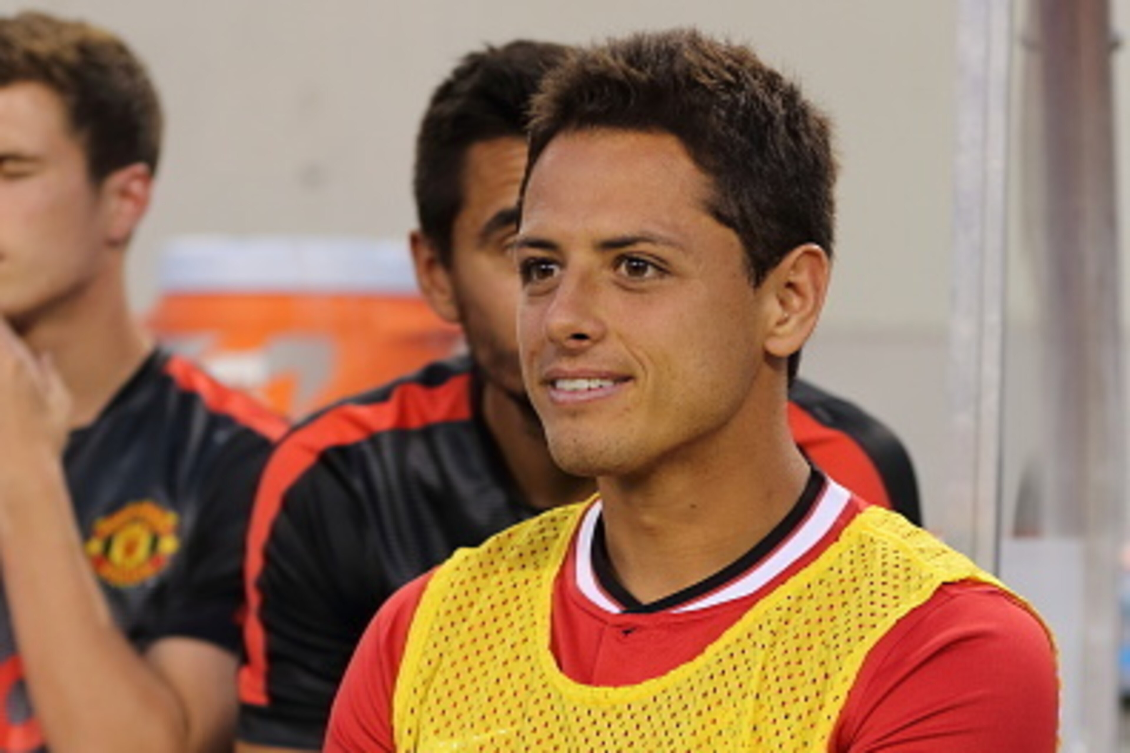 CHICAGO, UNITED STATES - JULY 29:  Javier Hernandez of Manchester United back on with the team after being with Mexico at the International Champions Cup match between Manchester United and Paris Saint-Germain at Soldier Field on July 29, 2015 in Chicago,