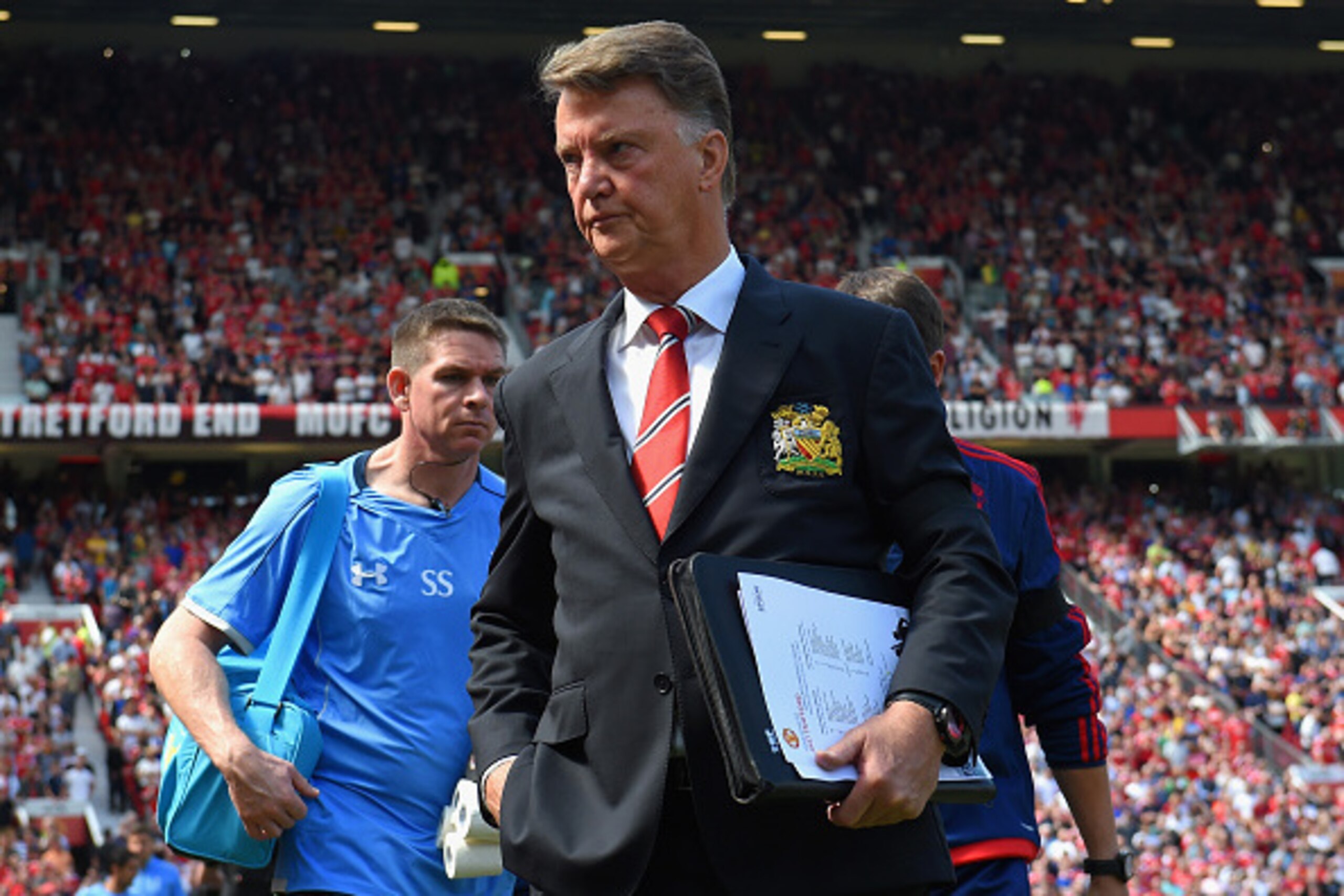 MANCHESTER, ENGLAND - AUGUST 08:  Louis van Gaal Manager of Manchester United is seen prior to the Barclays Premier League match between Manchester United and Tottenham Hotspur at Old Trafford on August 8, 2015 in Manchester, England.  (Photo by Michael R