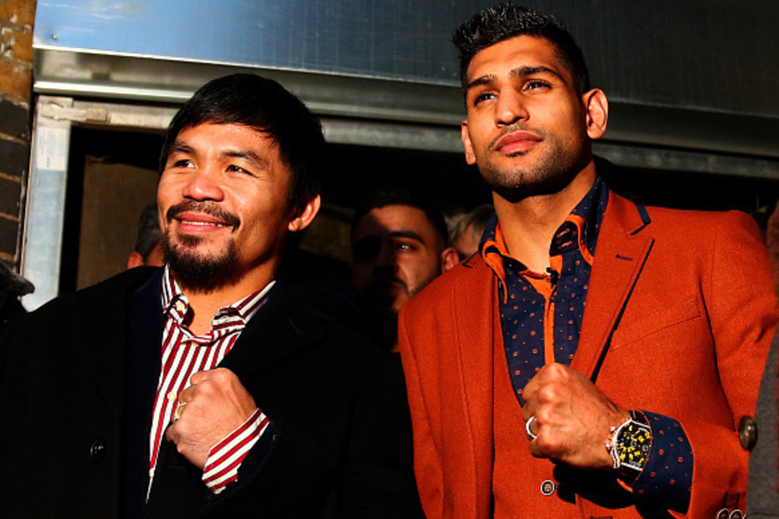 LONDON, ENGLAND - JANUARY 23:  Manny Pacquiao and Amir Khan pose after holding discussions about the possibility of a future fight, at Fitzroy Lodge Amateur Boxing Club on January 23, 2015 in London, England.  (Photo by Dan Istitene/Getty Images)