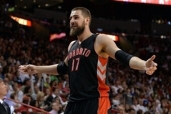 Apr 11, 2015; Miami, FL, USA; Toronto Raptors center Jonas Valanciunas (17) reacts after fouling out of the game during the second half against the Miami Heat at American Airlines Arena. Mandatory Credit: Steve Mitchell-USA TODAY Sports