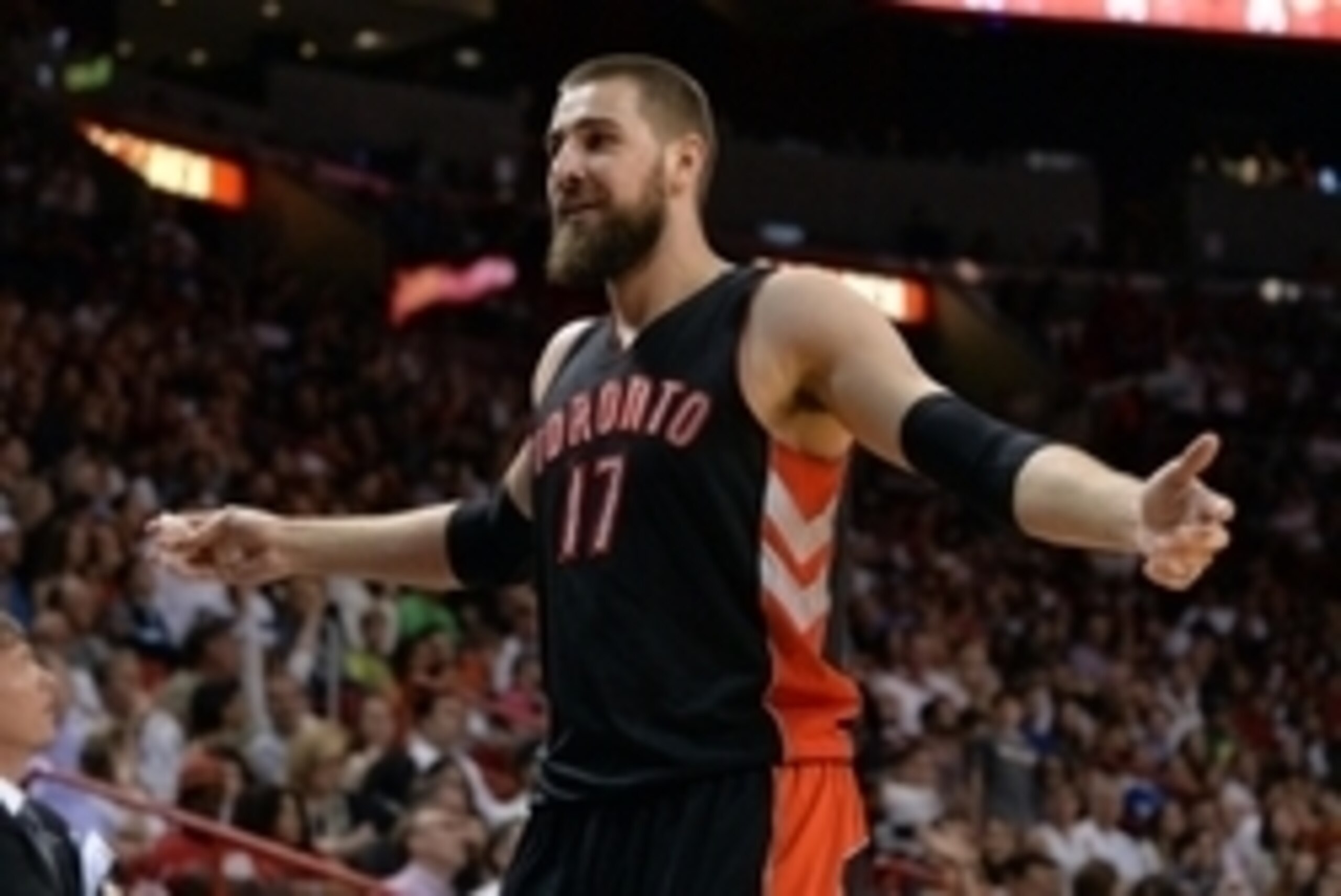 Apr 11, 2015; Miami, FL, USA; Toronto Raptors center Jonas Valanciunas (17) reacts after fouling out of the game during the second half against the Miami Heat at American Airlines Arena. Mandatory Credit: Steve Mitchell-USA TODAY Sports