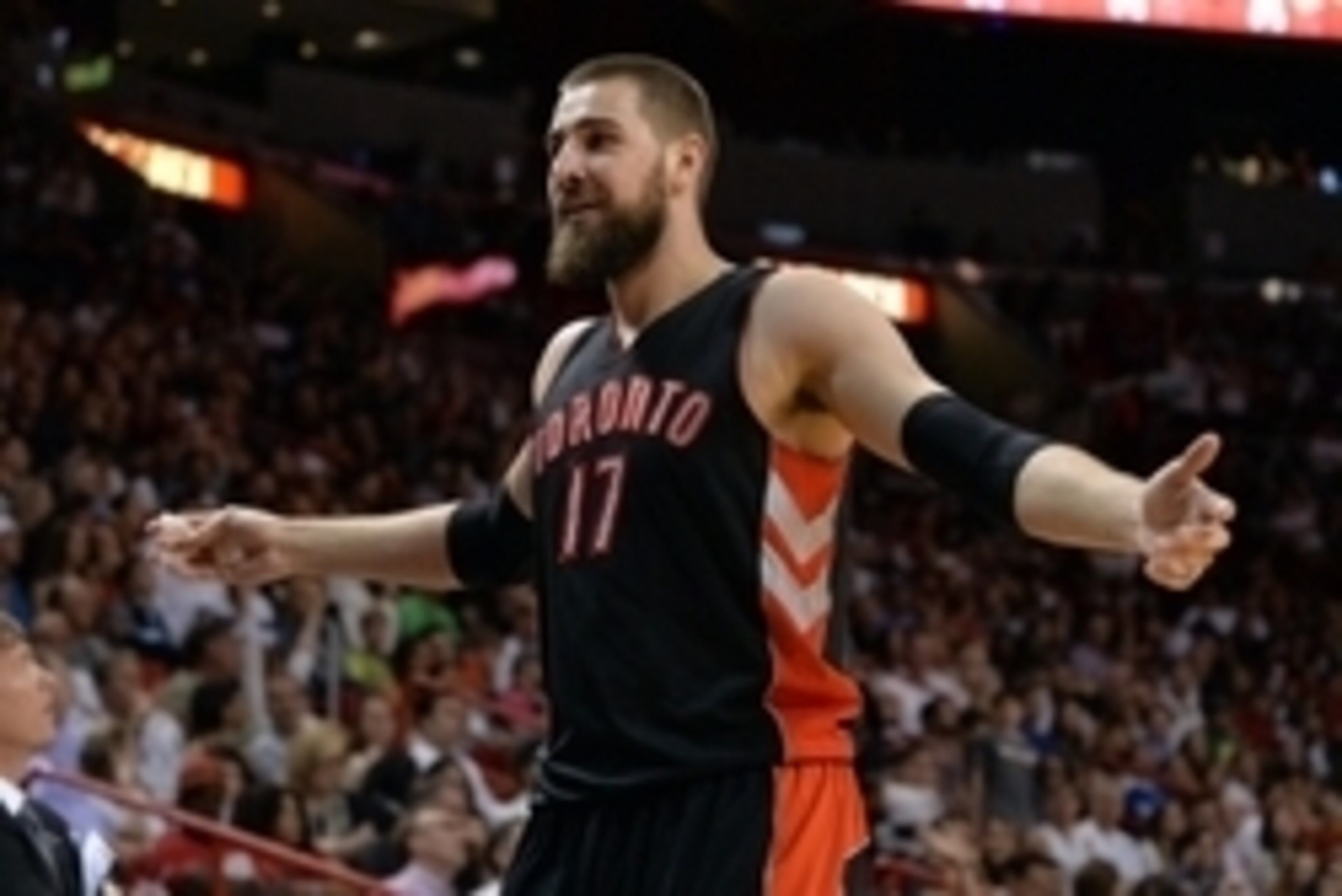 Apr 11, 2015; Miami, FL, USA; Toronto Raptors center Jonas Valanciunas (17) reacts after fouling out of the game during the second half against the Miami Heat at American Airlines Arena. Mandatory Credit: Steve Mitchell-USA TODAY Sports