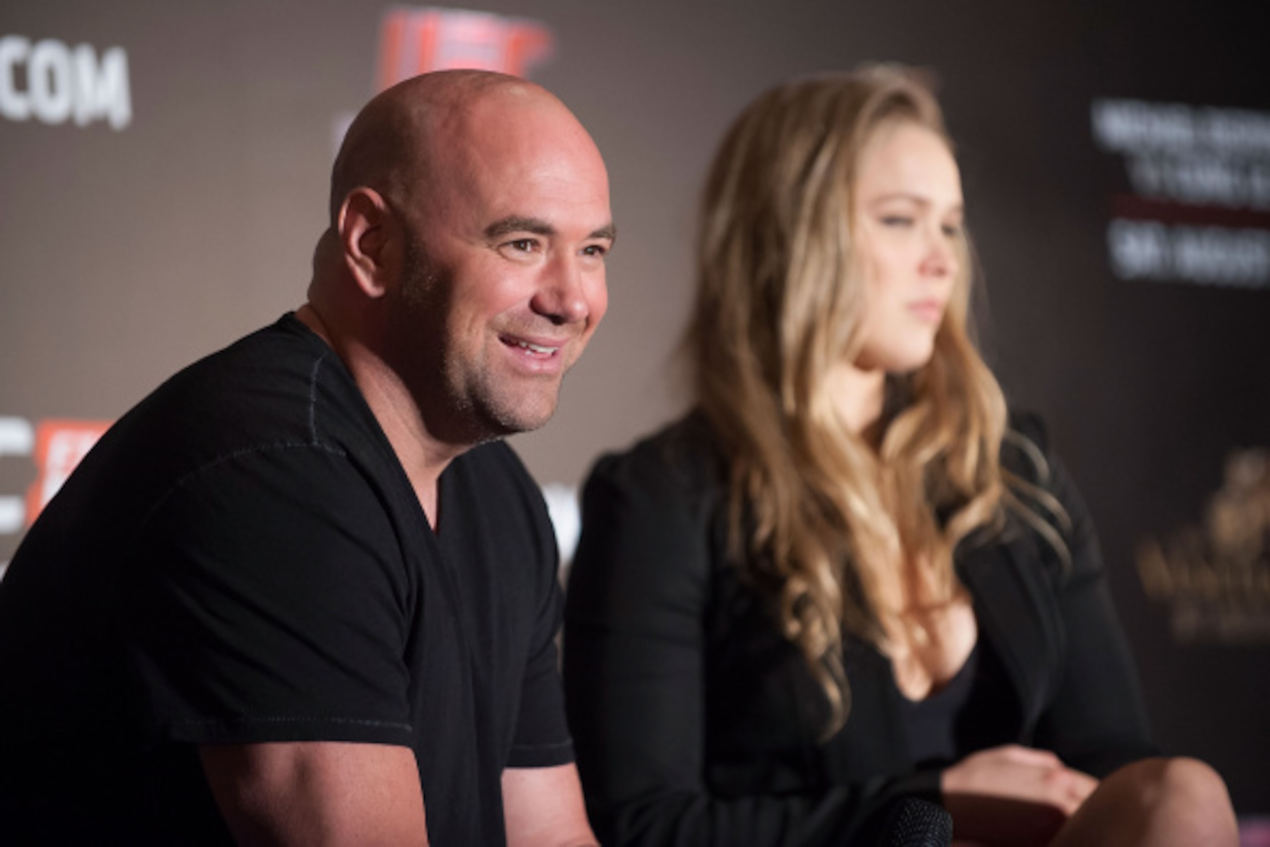 HONG KONG - AUGUST 20:  UFC President Dana White and UFC women's bantamweight champion Ronda Rousey at a Q&A session during the Macao UFC Fight Night Press Conference at the Four Season Hotel on August 20, 2014 in Hong Kong.  (Photo by Anthony Kwan/Getty 