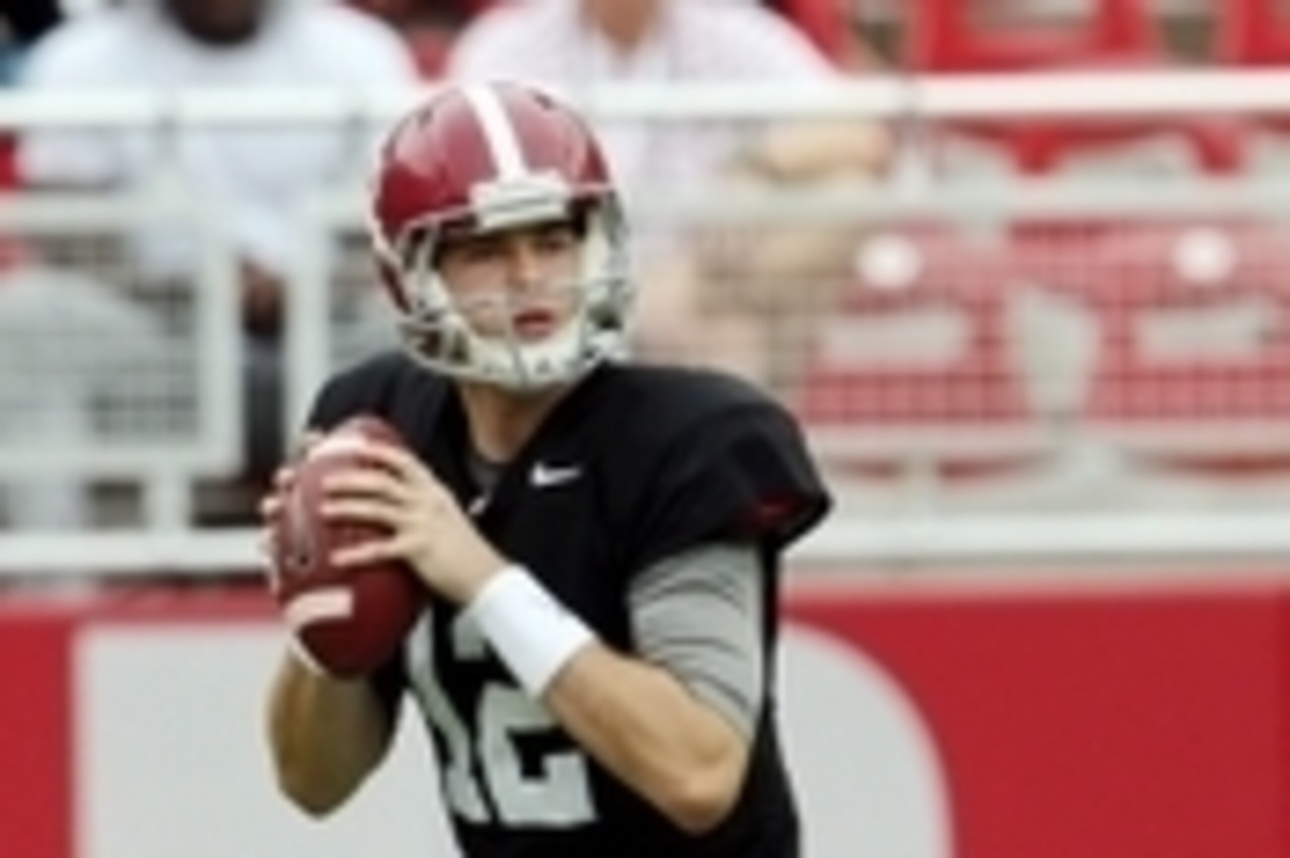 Apr 18, 2015; Tuscaloosa, AL, USA; Alabama Crimson Tide quarterback David Cornwell (12) drops back to pass against the white team during the annual A-day game at Bryant Denny Stadium. Mandatory Credit: Marvin Gentry-USA TODAY Sports