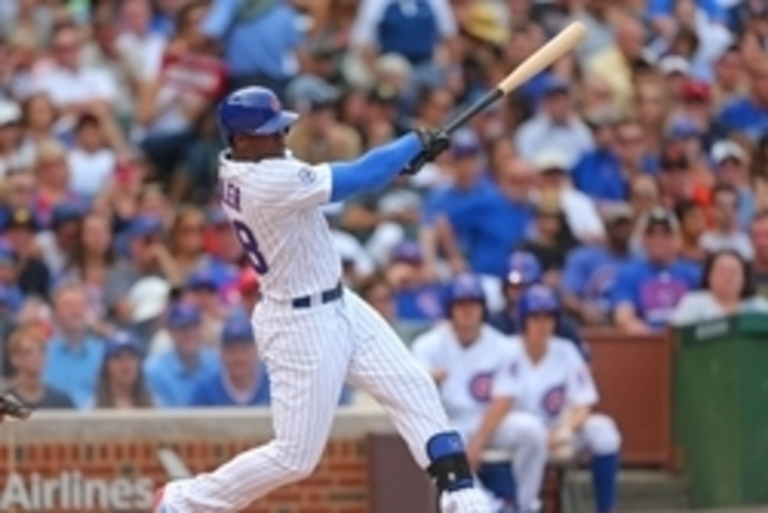 Aug 8, 2015; Chicago, IL, USA; Chicago Cubs right fielder Jorge Soler (68) hits a single during the fifth inning against the San Francisco Giants at Wrigley Field. Mandatory Credit: Dennis Wierzbicki-USA TODAY Sports