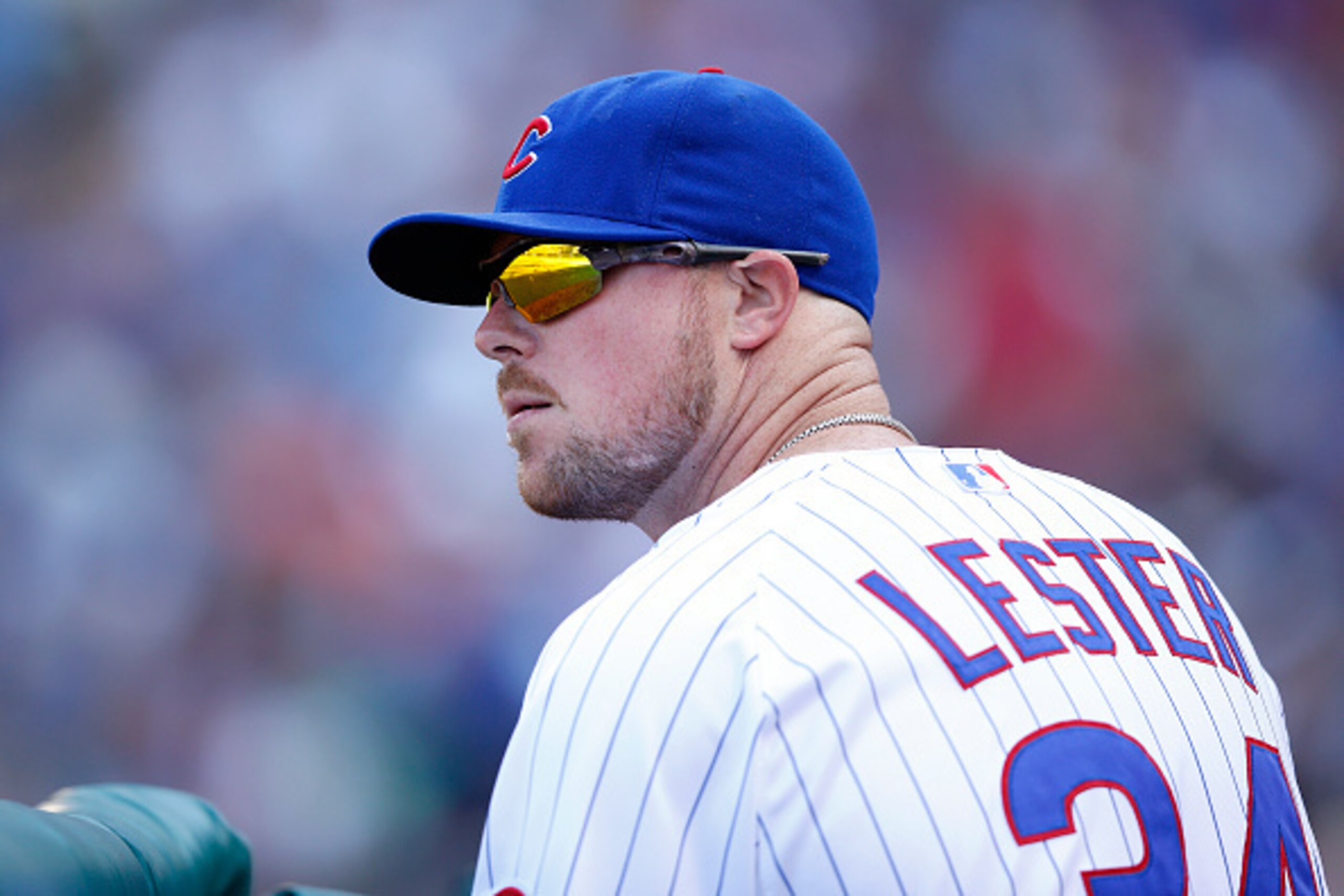 CHICAGO, IL - JULY 25: Jon Lester #34 of the Chicago Cubs looks on during the game against the Philadelphia Phillies at Wrigley Field on July 25, 2015 in Chicago, Illinois. The Phillies defeated the Cubs 5-0. (Photo by Joe Robbins/Getty Images)