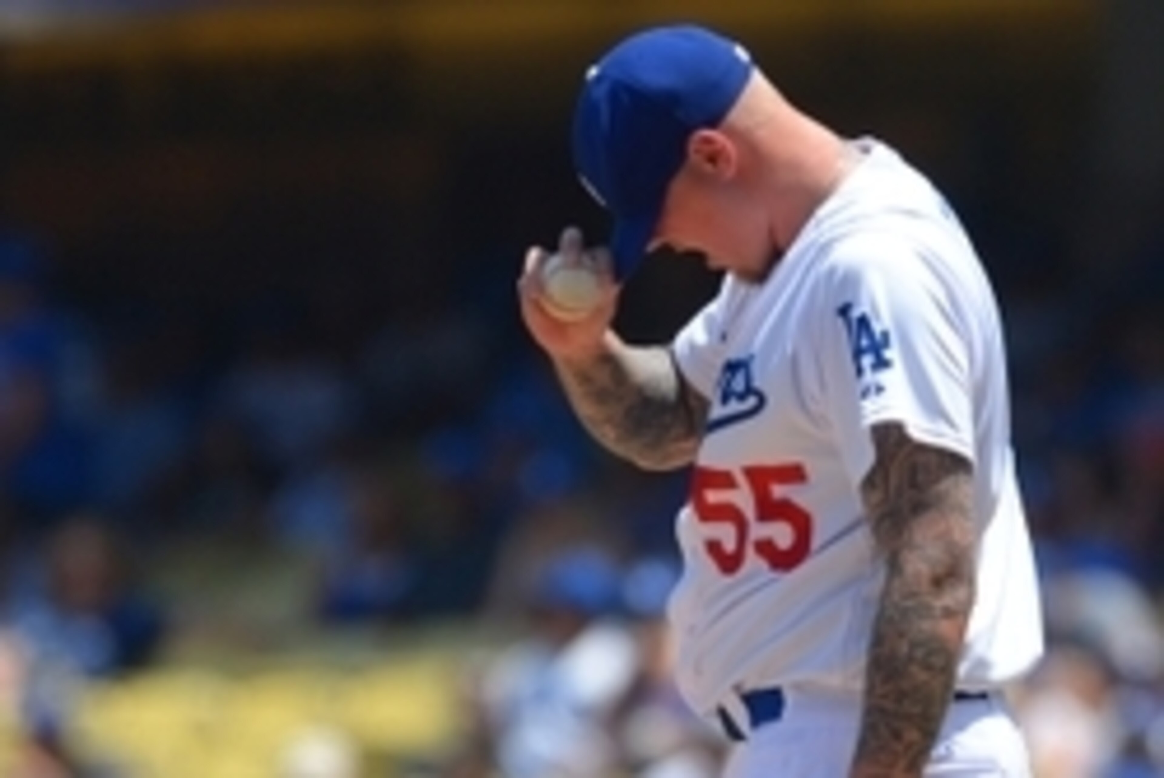 Aug 2, 2015; Los Angeles, CA, USA; Los Angeles Dodgers starting pitcher Mat Latos (55) in the first inning of the game against the Los Angeles Angels at Dodger Stadium. Mandatory Credit: Jayne Kamin-Oncea-USA TODAY Sports