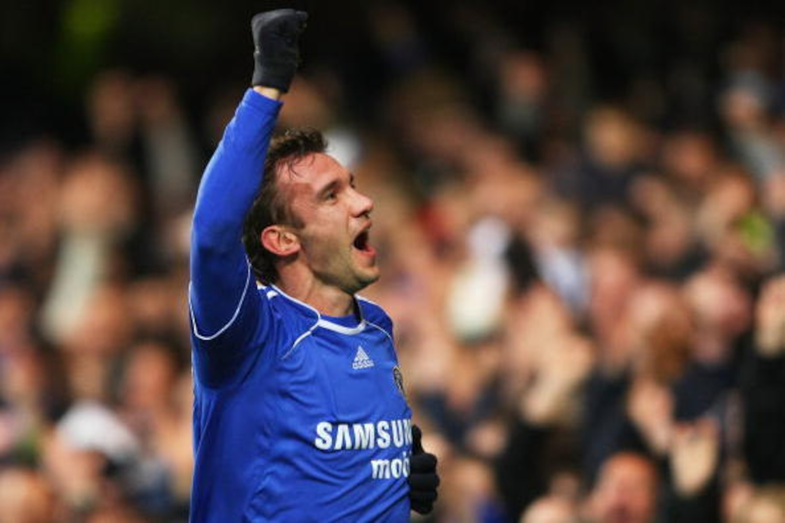 LONDON - DECEMBER 08:  Andriy Shevchenko of Chelsea celebrates after scoring the opening goal during the Barclays Premier League match between Chelsea and Sunderland at Stamford Bridge on December 8, 2007 in London, England.  (Photo by Shaun Botterill/Get