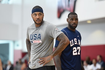 LAS VEGAS, NV - AUGUST 12: Carmelo Anthony of USA Mens National Team participates in minicamp at UNLV on August 12, 2015 in Las Vegas, Nevada. NOTE TO USER: User expressly acknowledges and agrees that, by downloading and/or using this Photograph, user is 